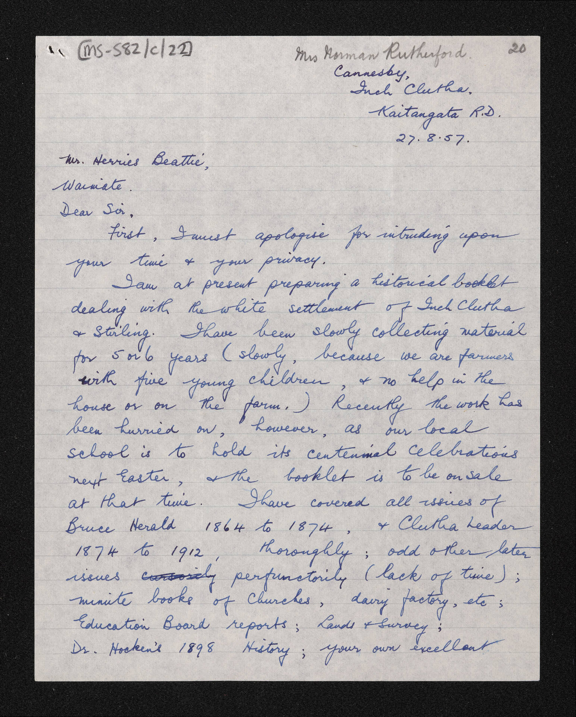 Letter, 27 August 1957, from Alma Rutherford, to Herries Beattie