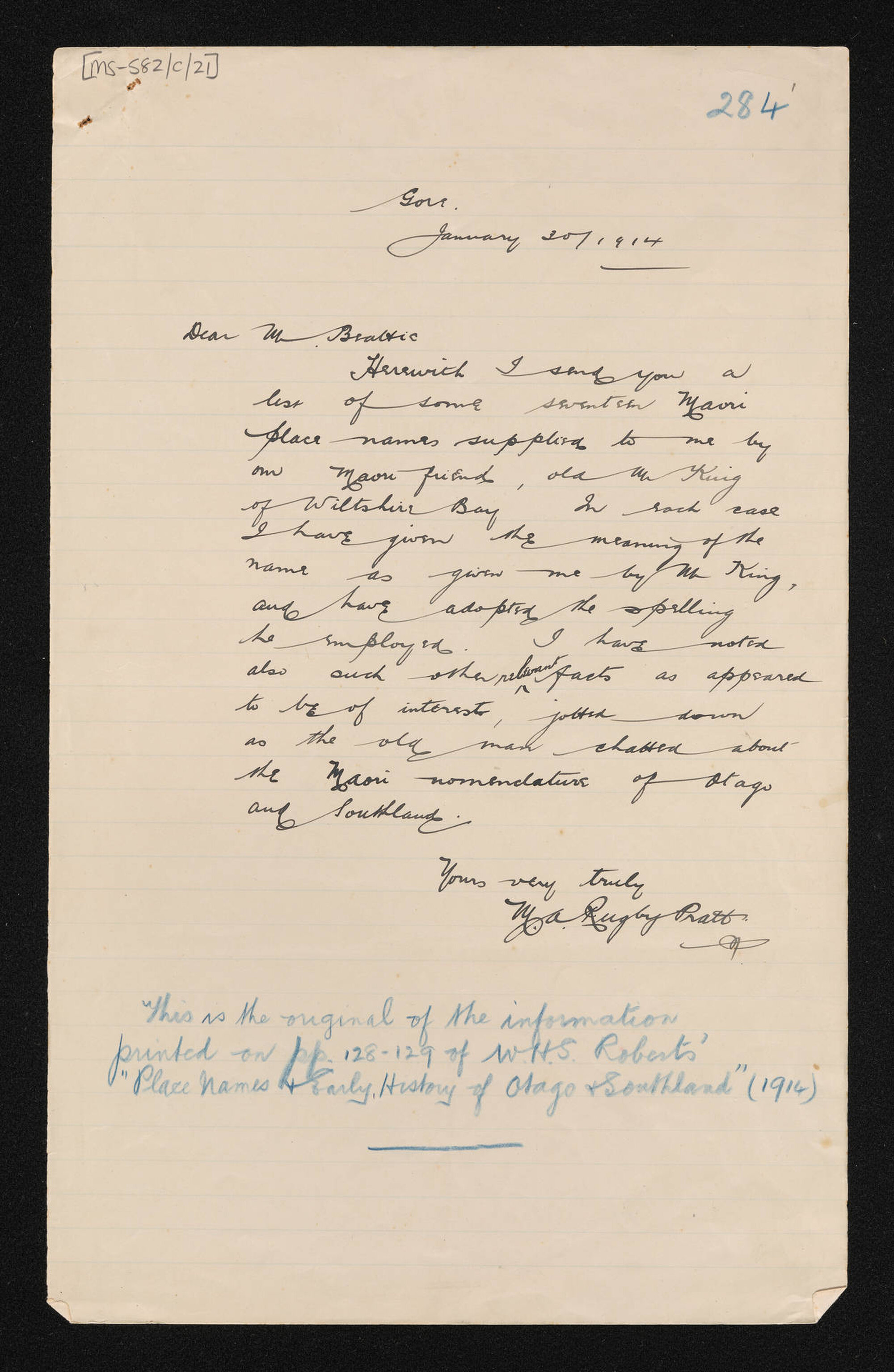 Letter, 30 January 1914, from Albert Rugby Pratt, to Herries Beattie, including a list of Māori place names