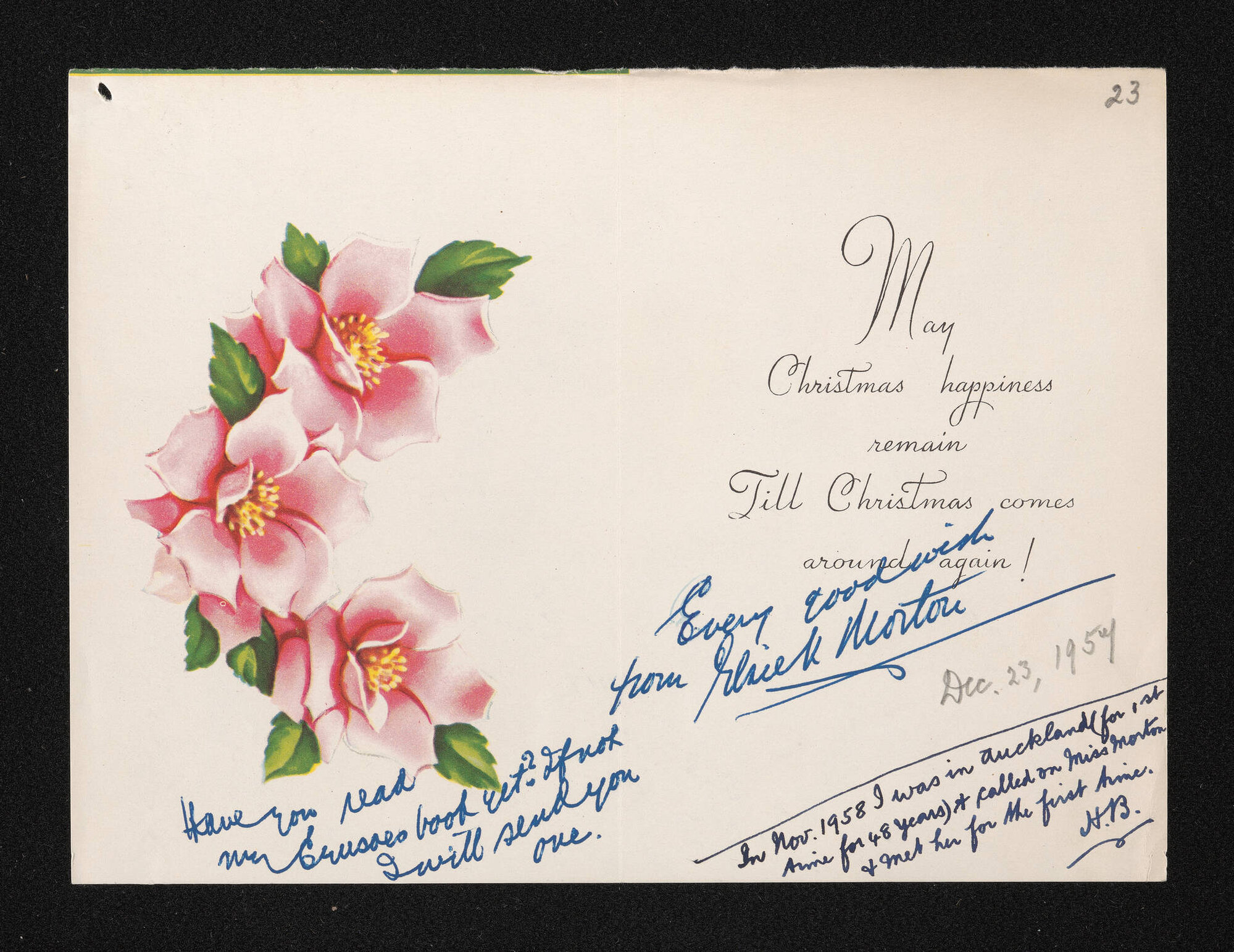 Christmas card, 23 December 1957, from Elsie K. Morton, to Herries Beattie