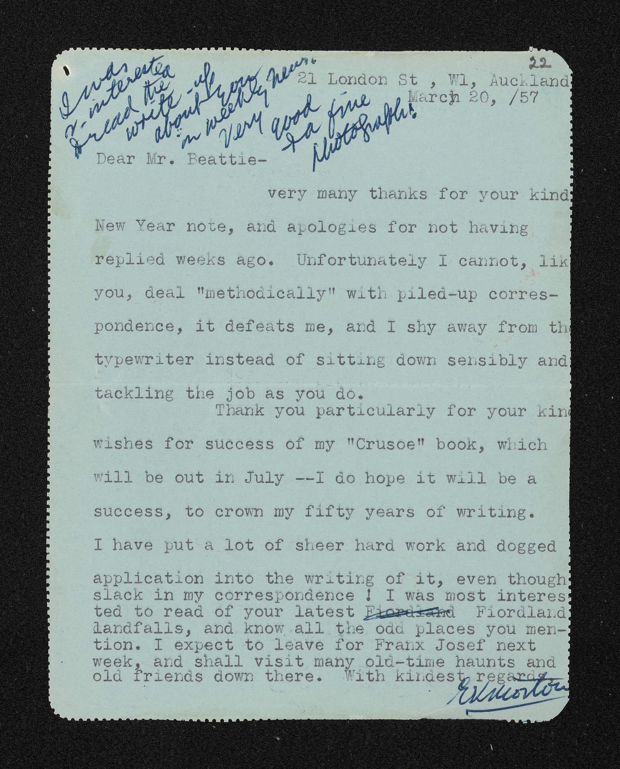 Letter, 20 March 1957, from Elsie K. Morton, to Herries Beattie