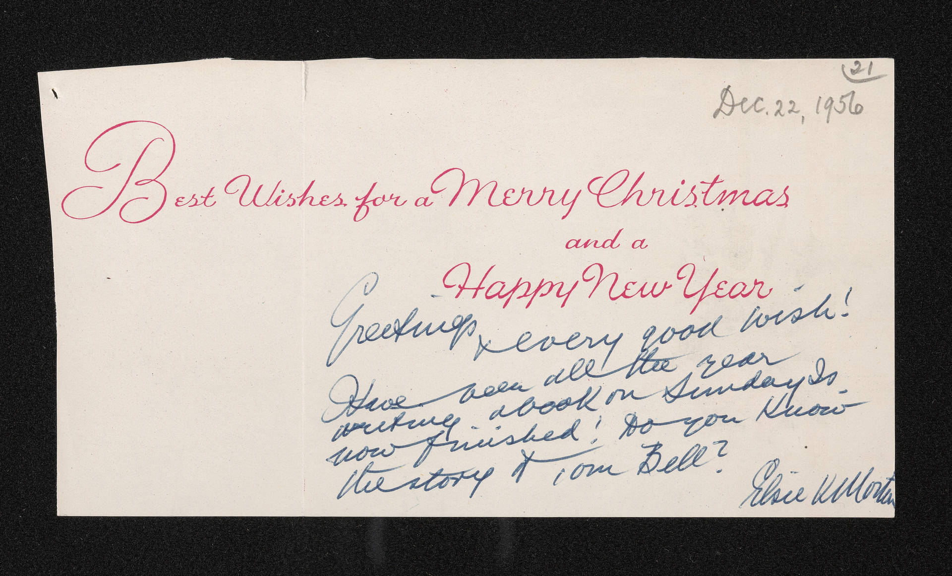 Letter, 22 December 1956, from Elsie K. Morton, to Herries Beattie