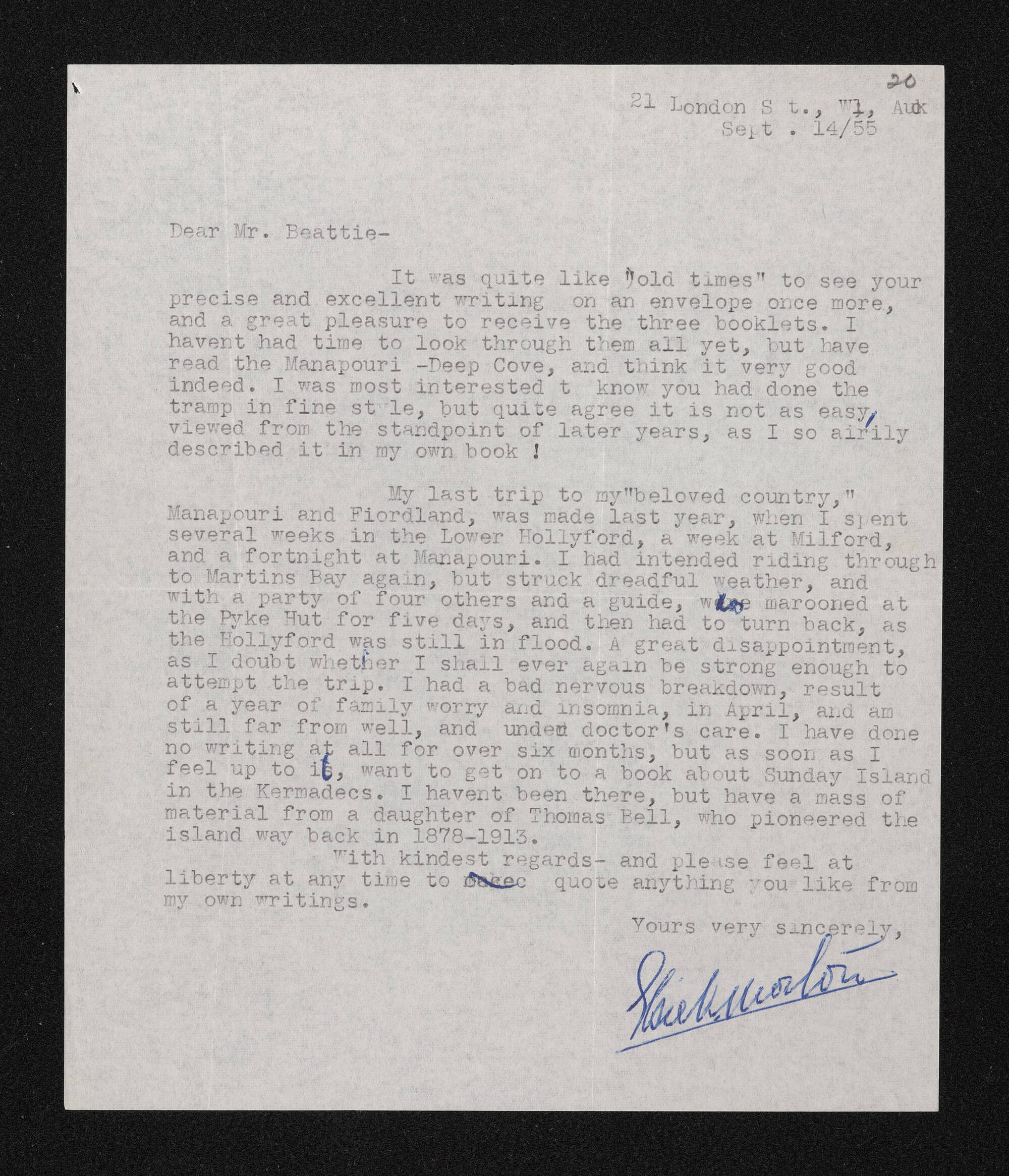 Letter, 14 September 1955, from Elsie K. Morton, to Herries Beattie