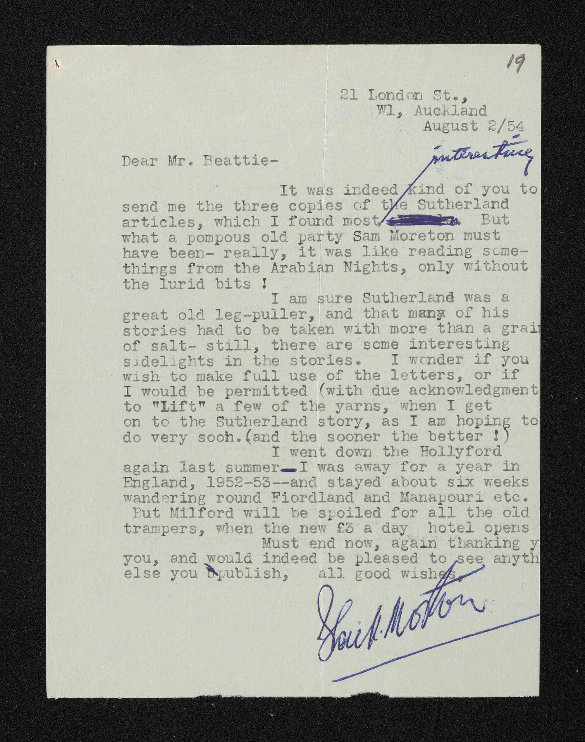 Letter, 2 August 1954, from Elsie K. Morton, to Herries Beattie
