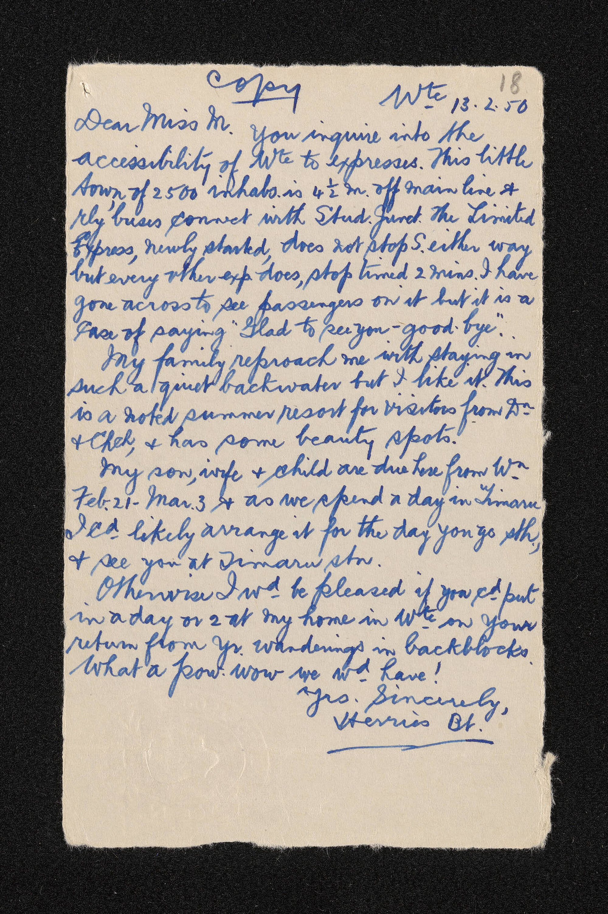 Letter [copy], 13 February 1950, from Herries Beattie to [Elsie K. Morton]