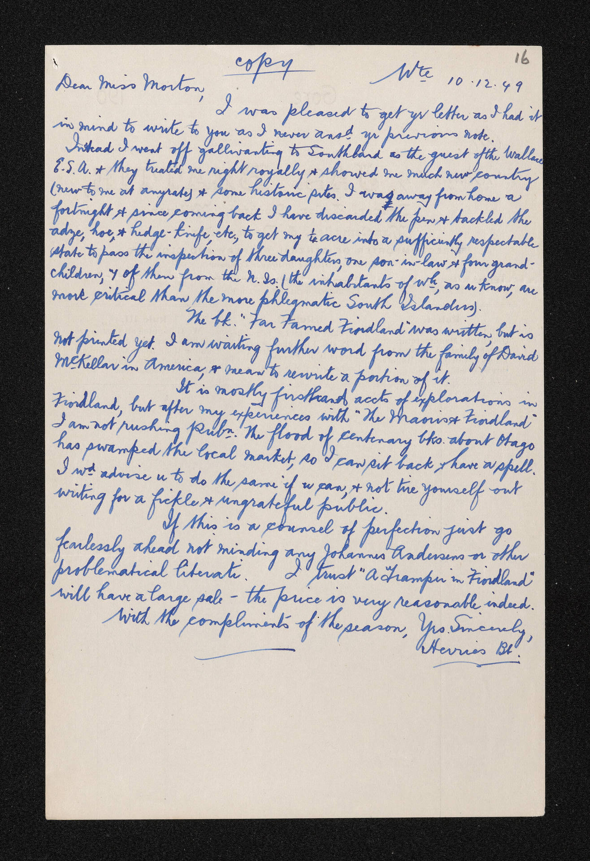 Letter [copy], 10 December 1949, from Herries Beattie, to Elsie K. Morton