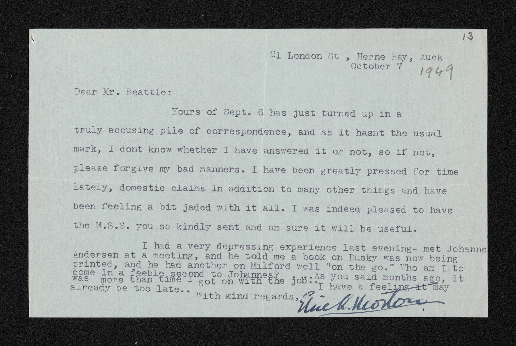 Letter, 7 October 1949, from Elsie K. Morton, to Herries Beattie