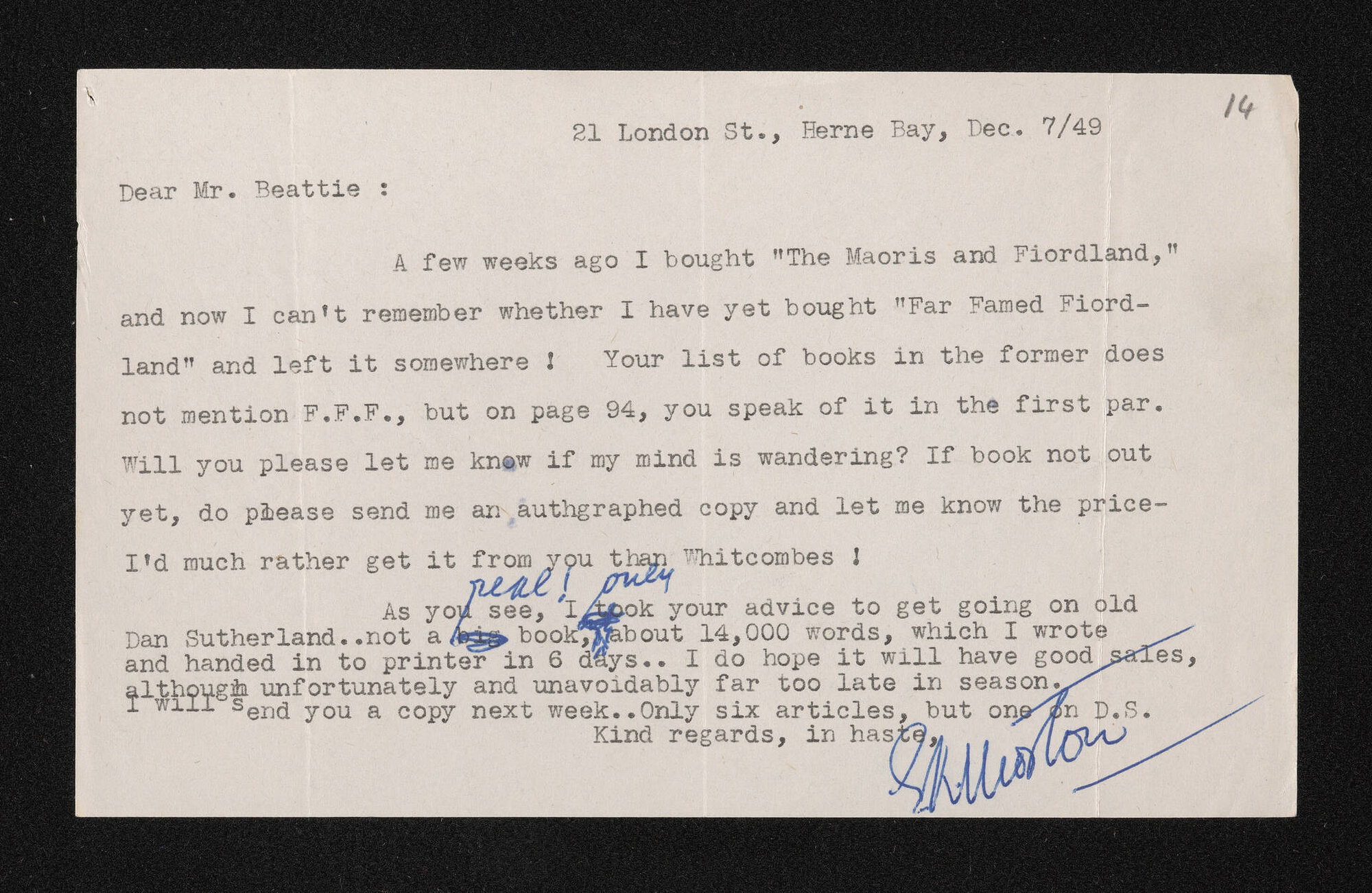 Letter, 7 December 1949, from Elsie K. Morton, to Herries Beattie