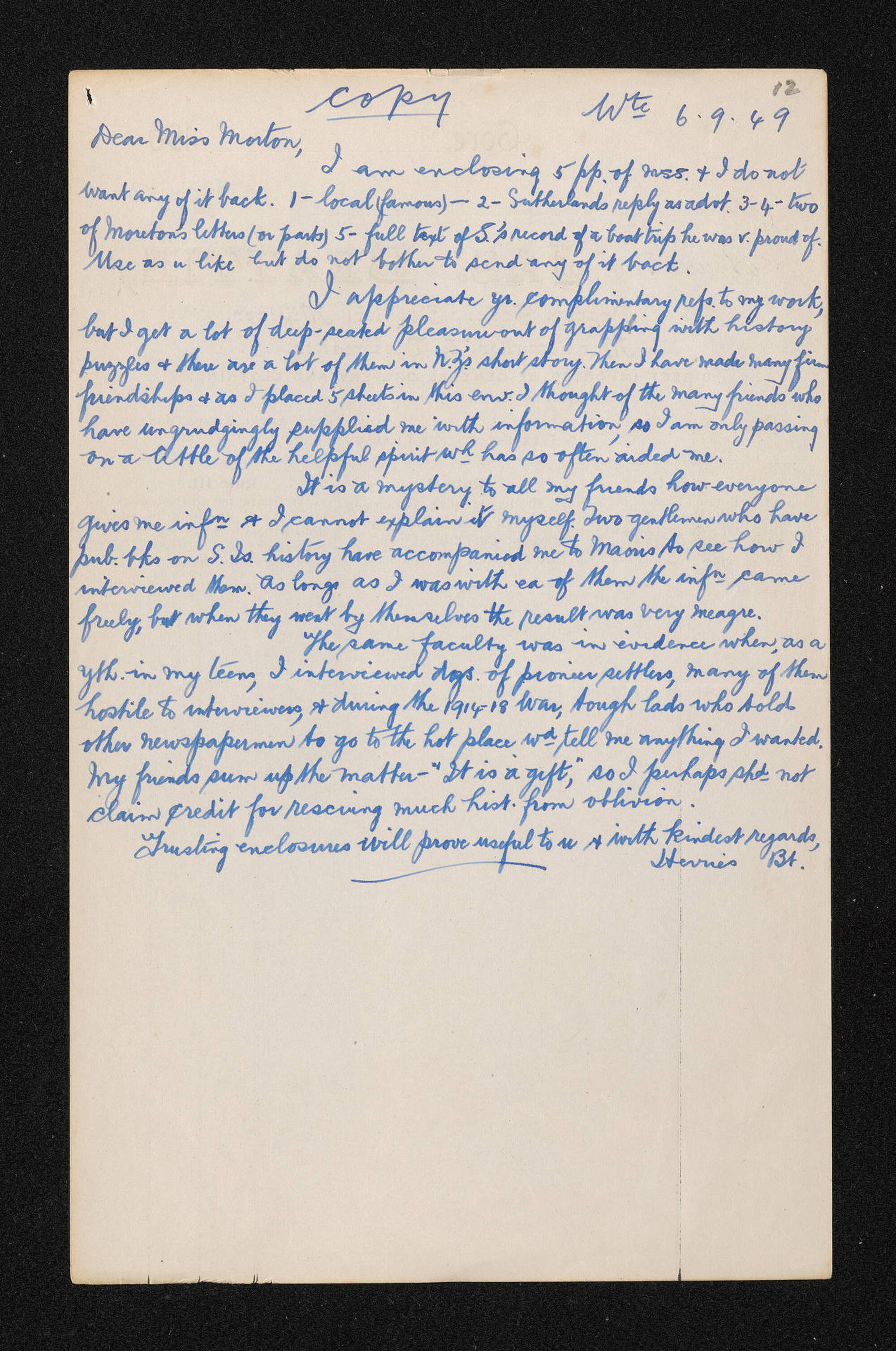 Letter [copy], 6 September 1949, from Herries Beattie to Elsie K. Morton
