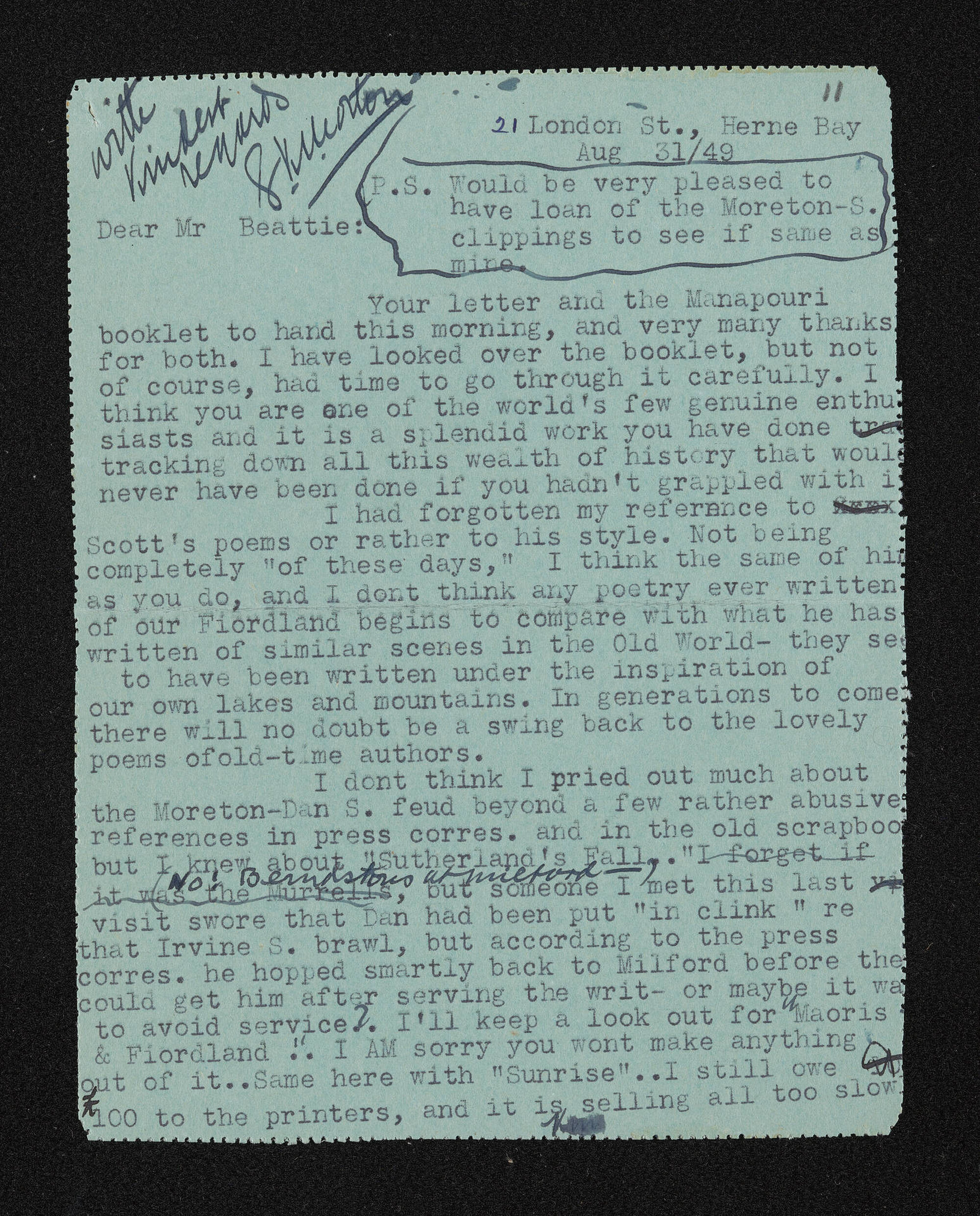 Letter, 31 August 1949, from Elsie K. Morton, to Herries Beattie