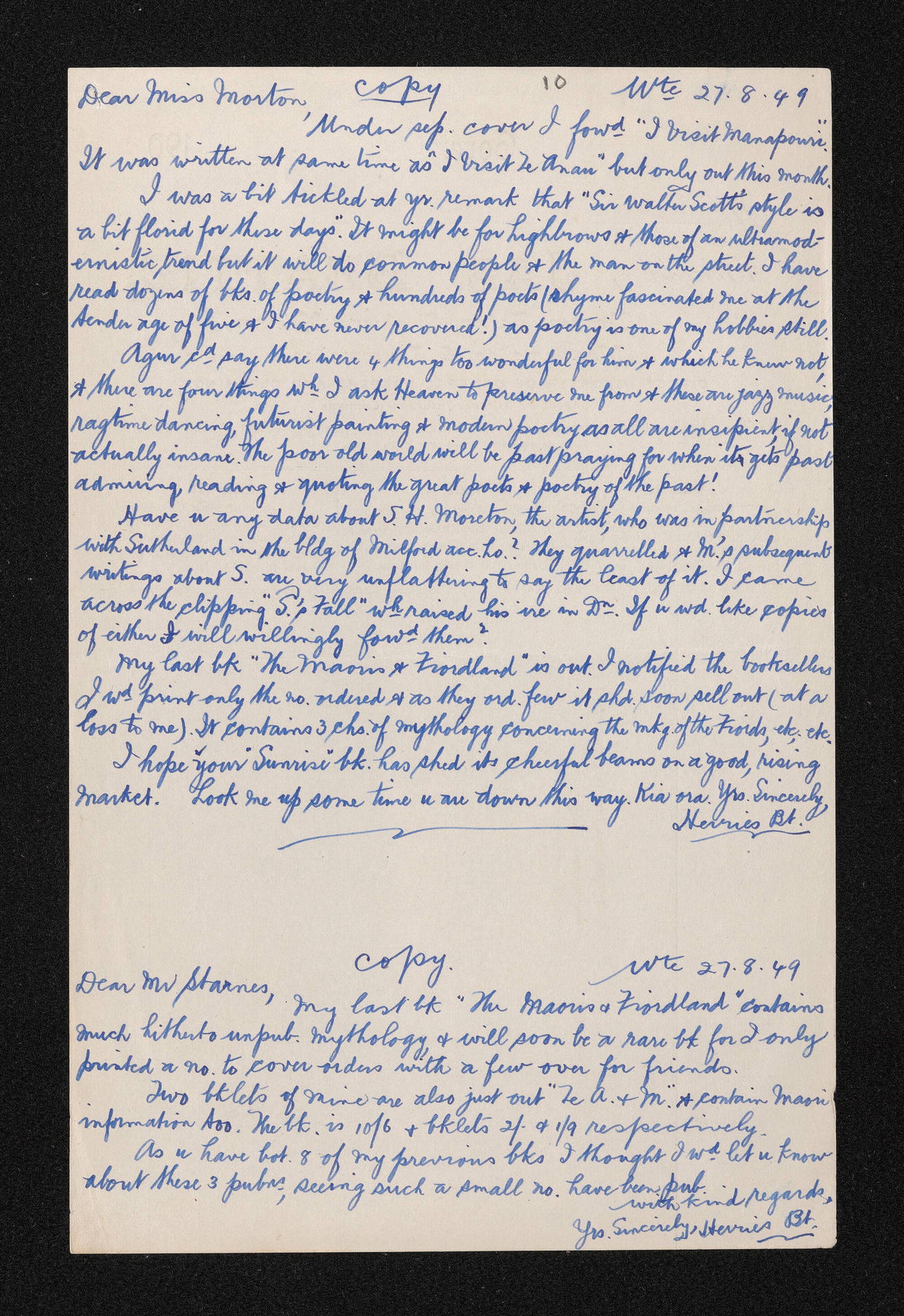 Letters [copies], 27 August 1949, from Herries Beattie, to Elsie K. Morton, Mr Staines