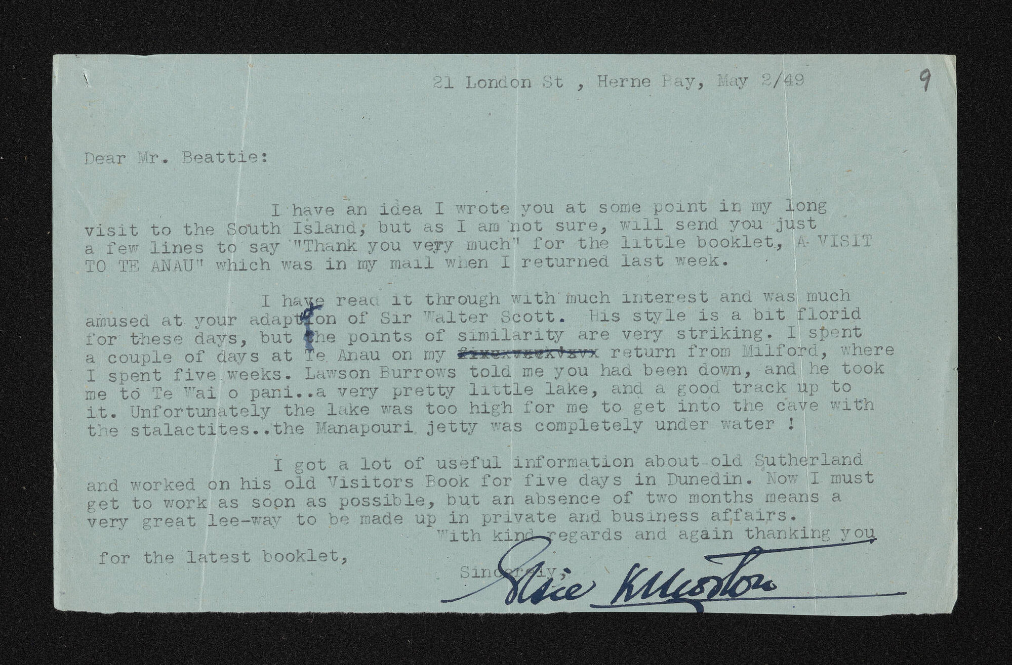 Letter, 2 May 1949, from Elsie K. Morton, to Herries Beattie