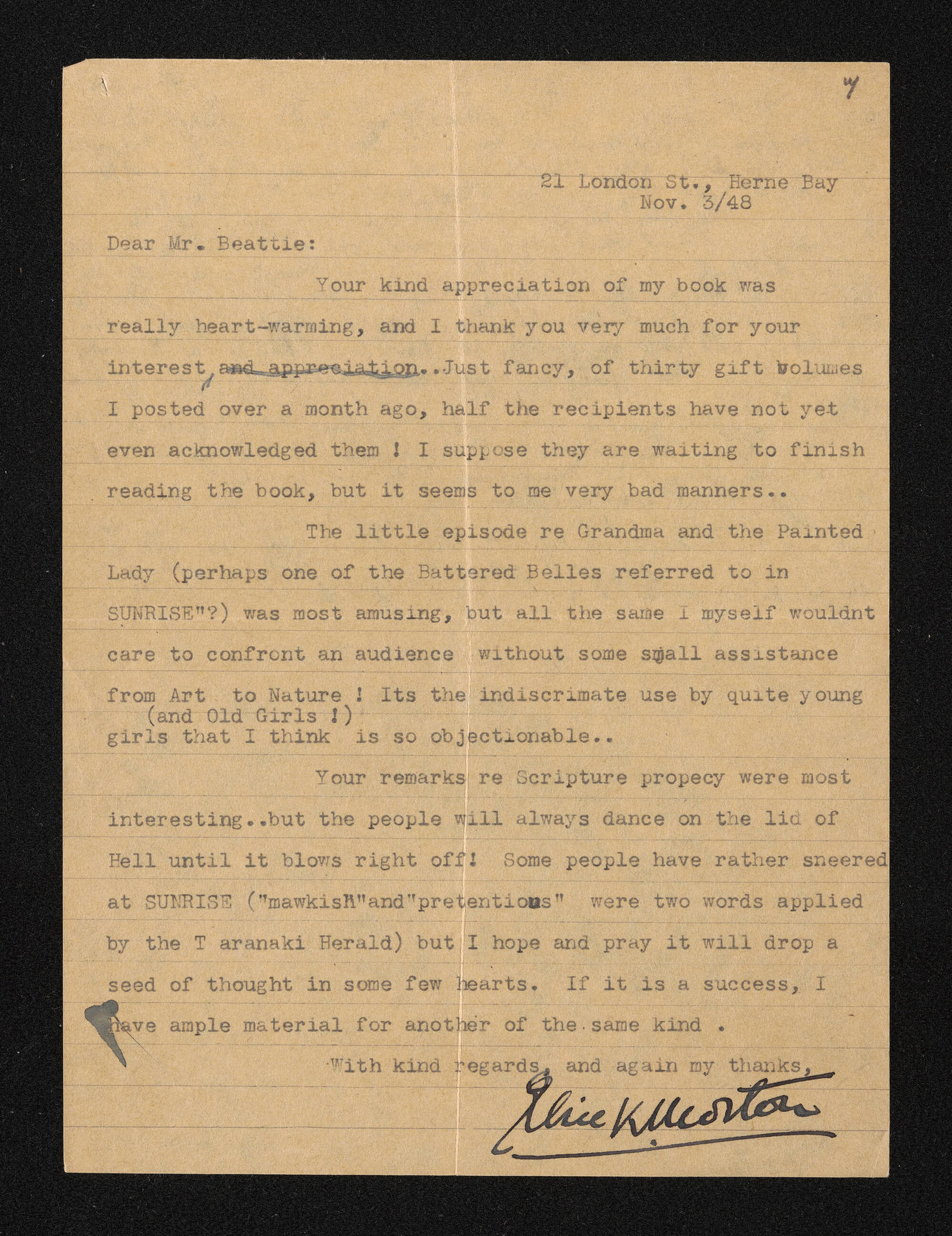 Letter, 3 November 1948, from Elsie K. Morton, to Herries Beattie and copy of reply 10 December 1948