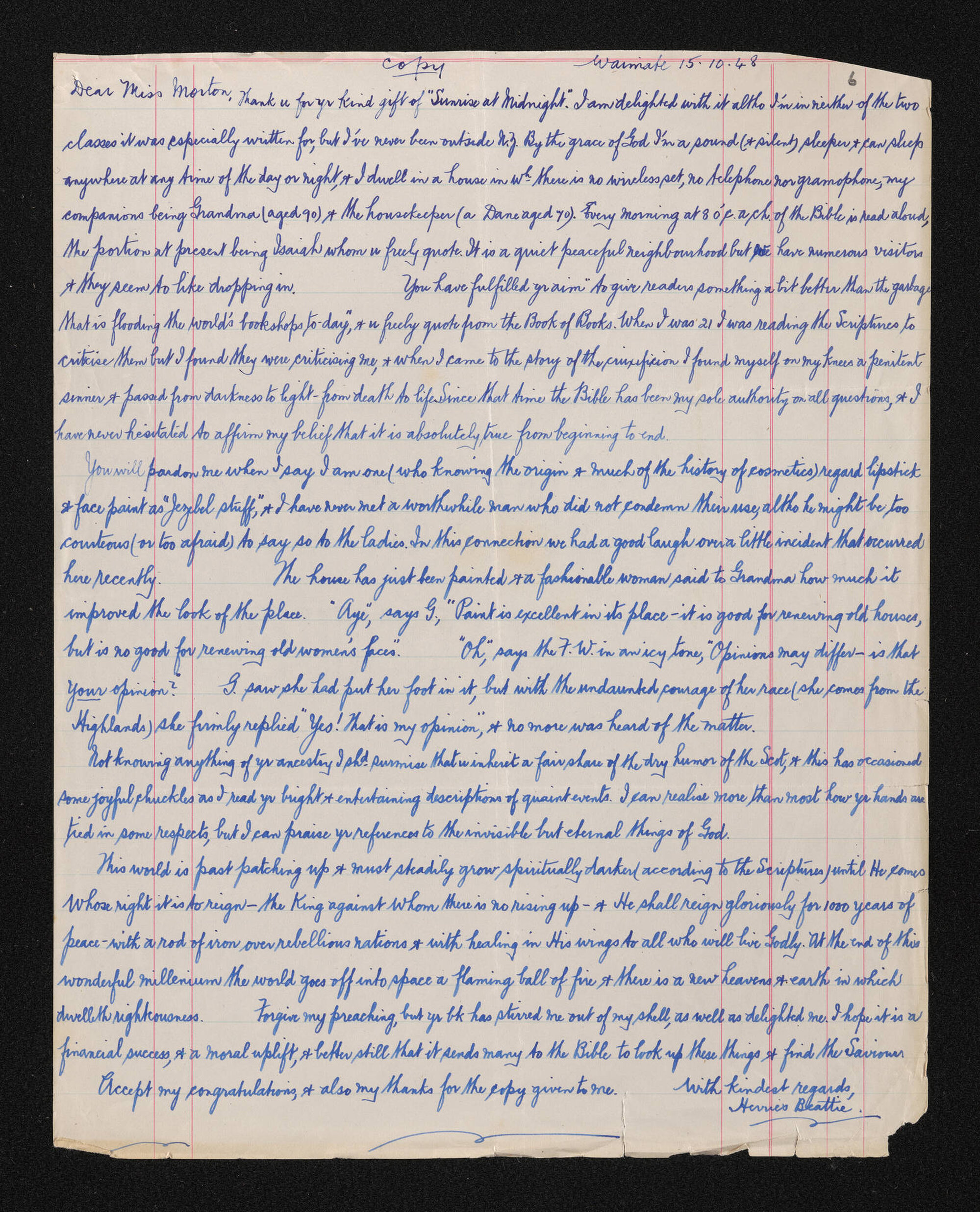 Letter [copy], 15 October 1948, from Herries Beattie, to Elsie K. Morton