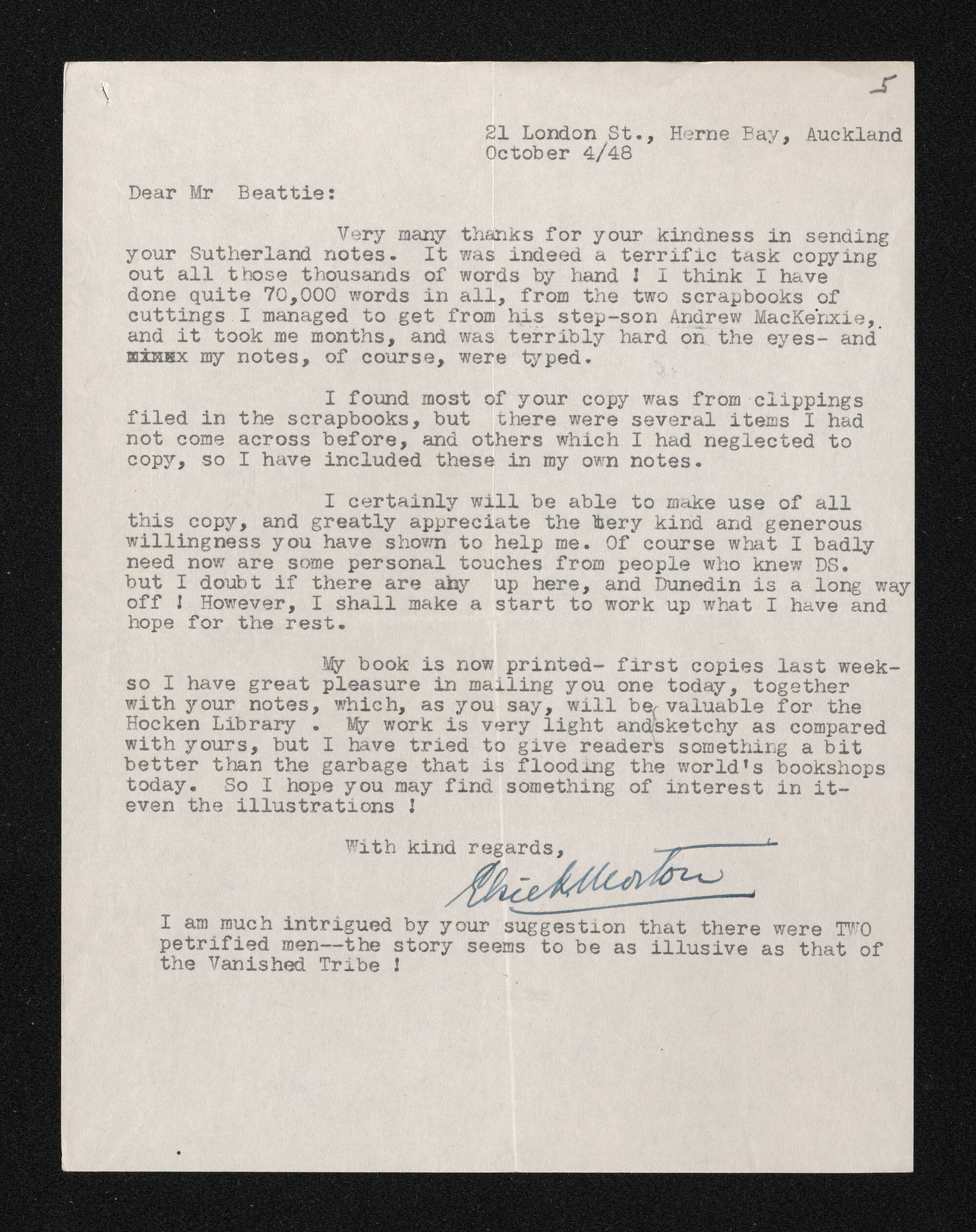 Letter, 4 October 1948, from Elsie K. Morton, to Herries Beattie