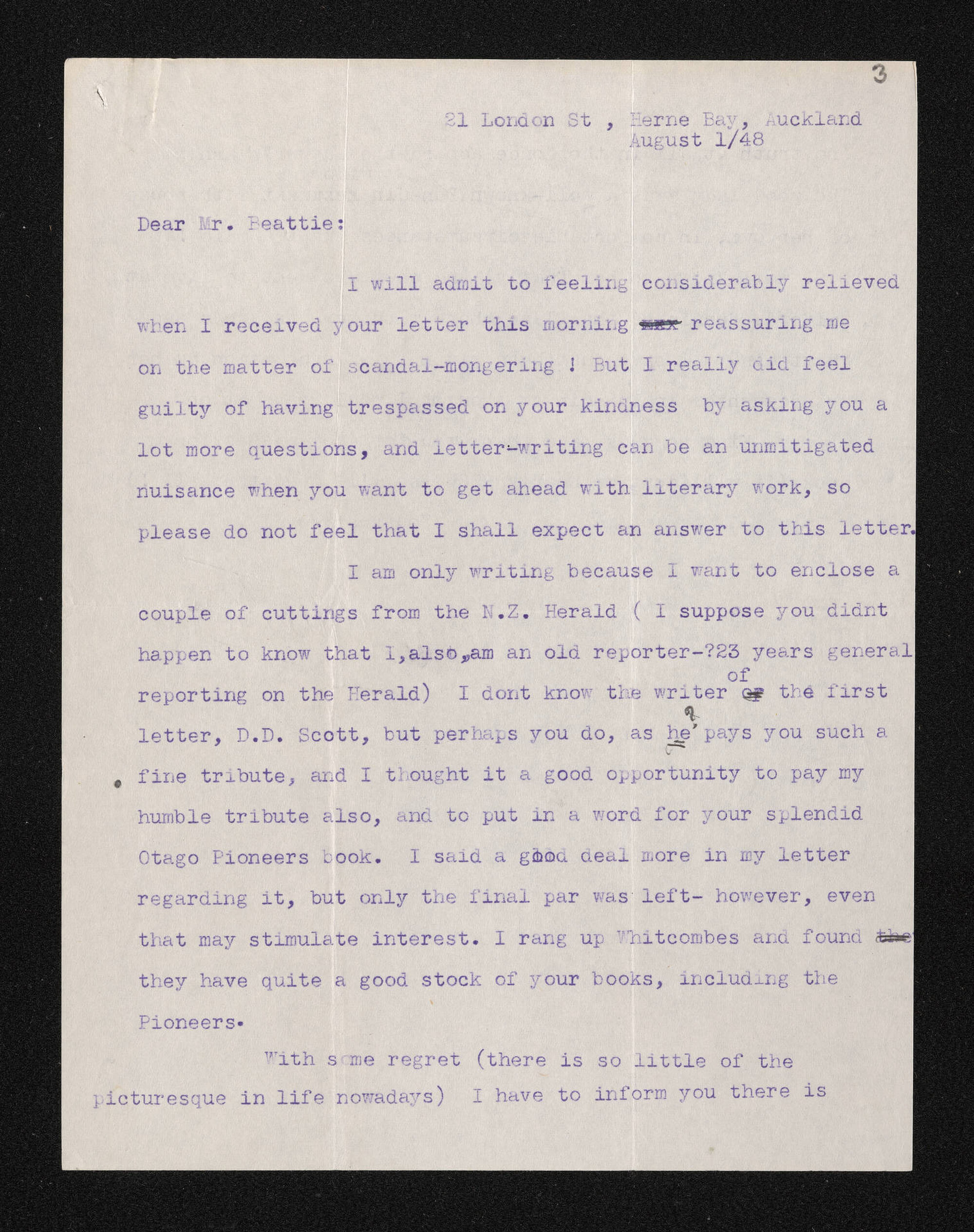 Letter, 1 August 1948, from Elsie K. Morton, to Herries Beattie