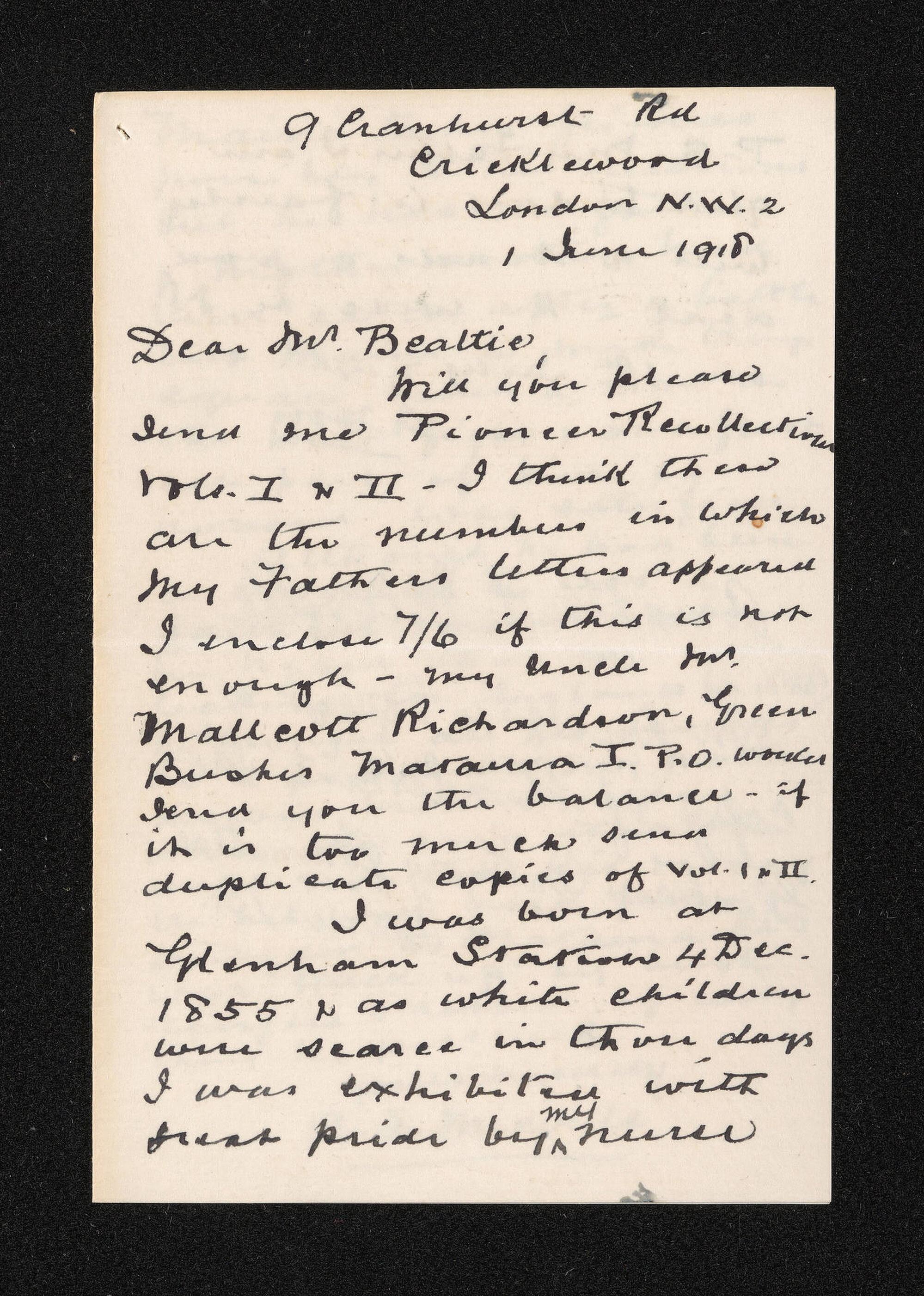 Letter, 1 June 1918, from A.F. Mieville, to Herries Beattie