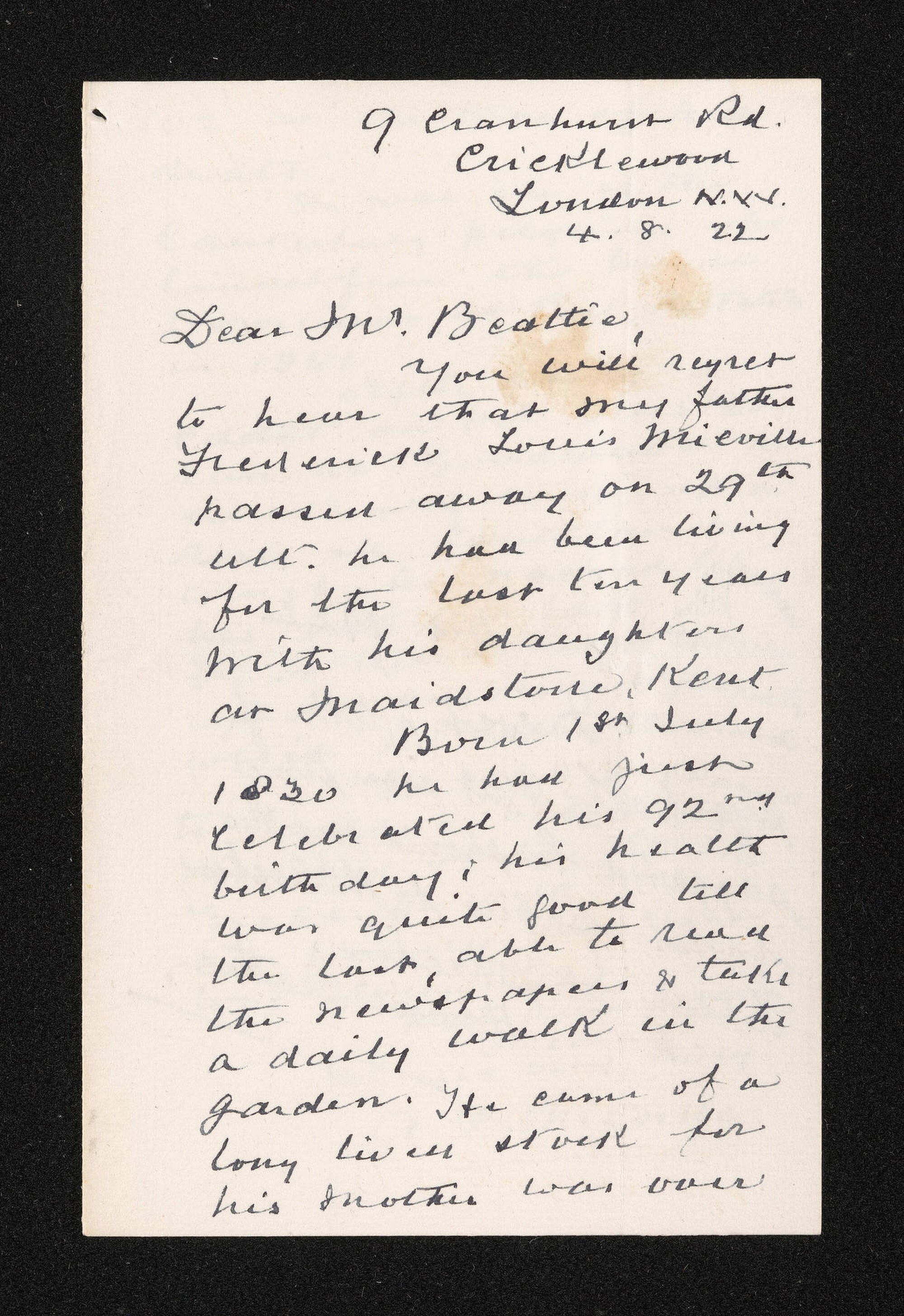 Letter, 4 August 1922, from A.F. Mieville, to Herries Beattie