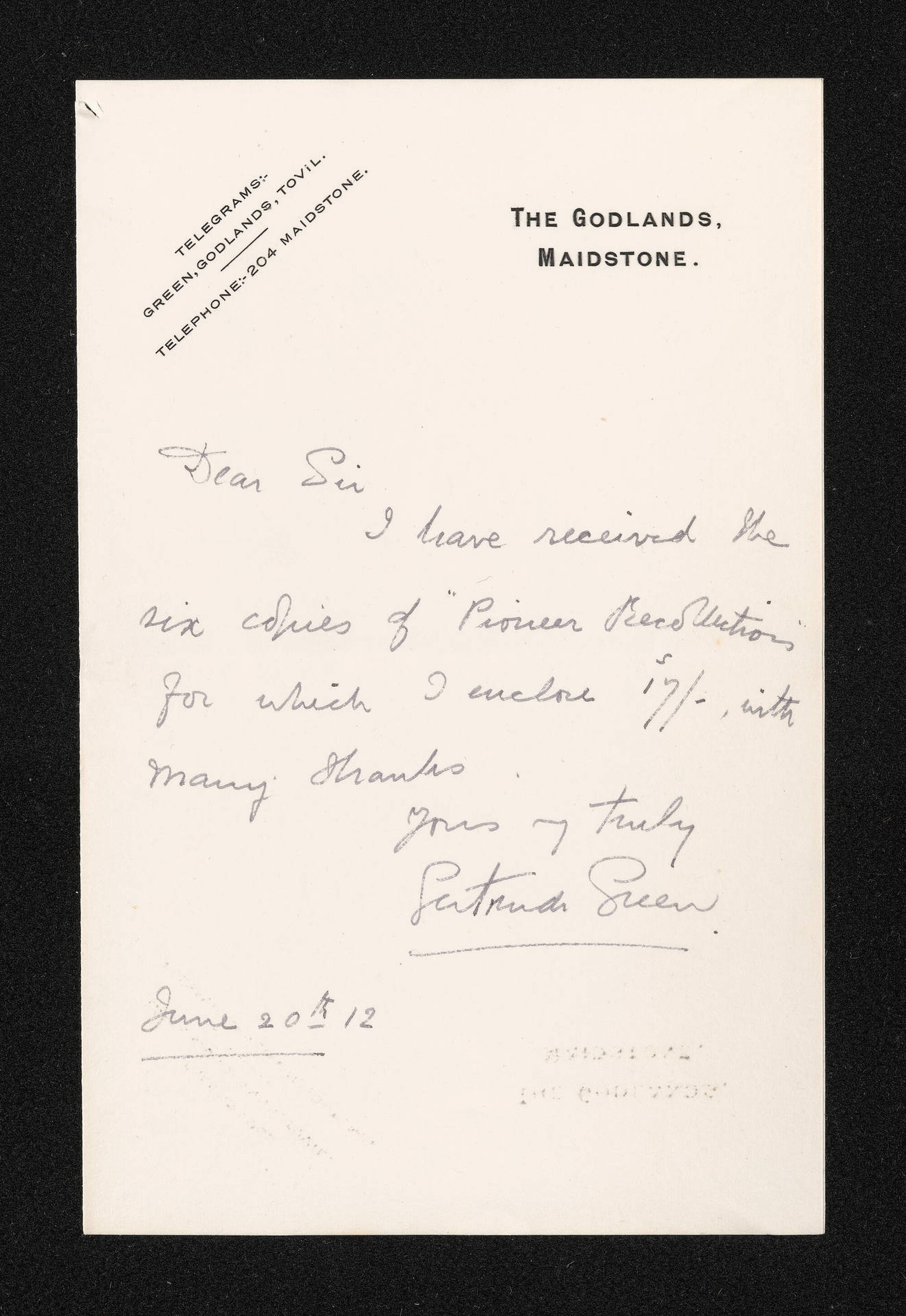 Letter, 20 June 1912, from Gertrude Green , to Herries Beattie