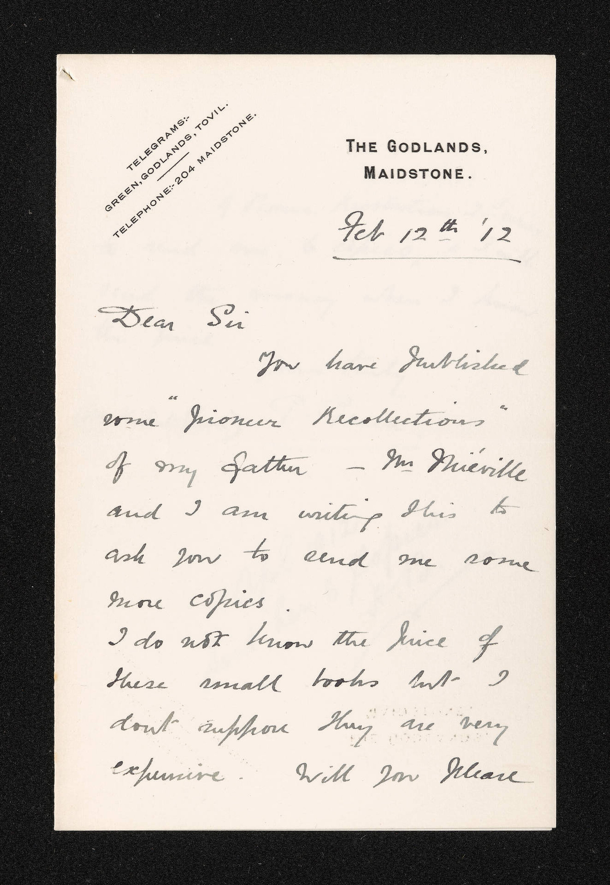 Letter, 12 February 1912, from G Green (Mrs Herbert Green), to Herries Beattie