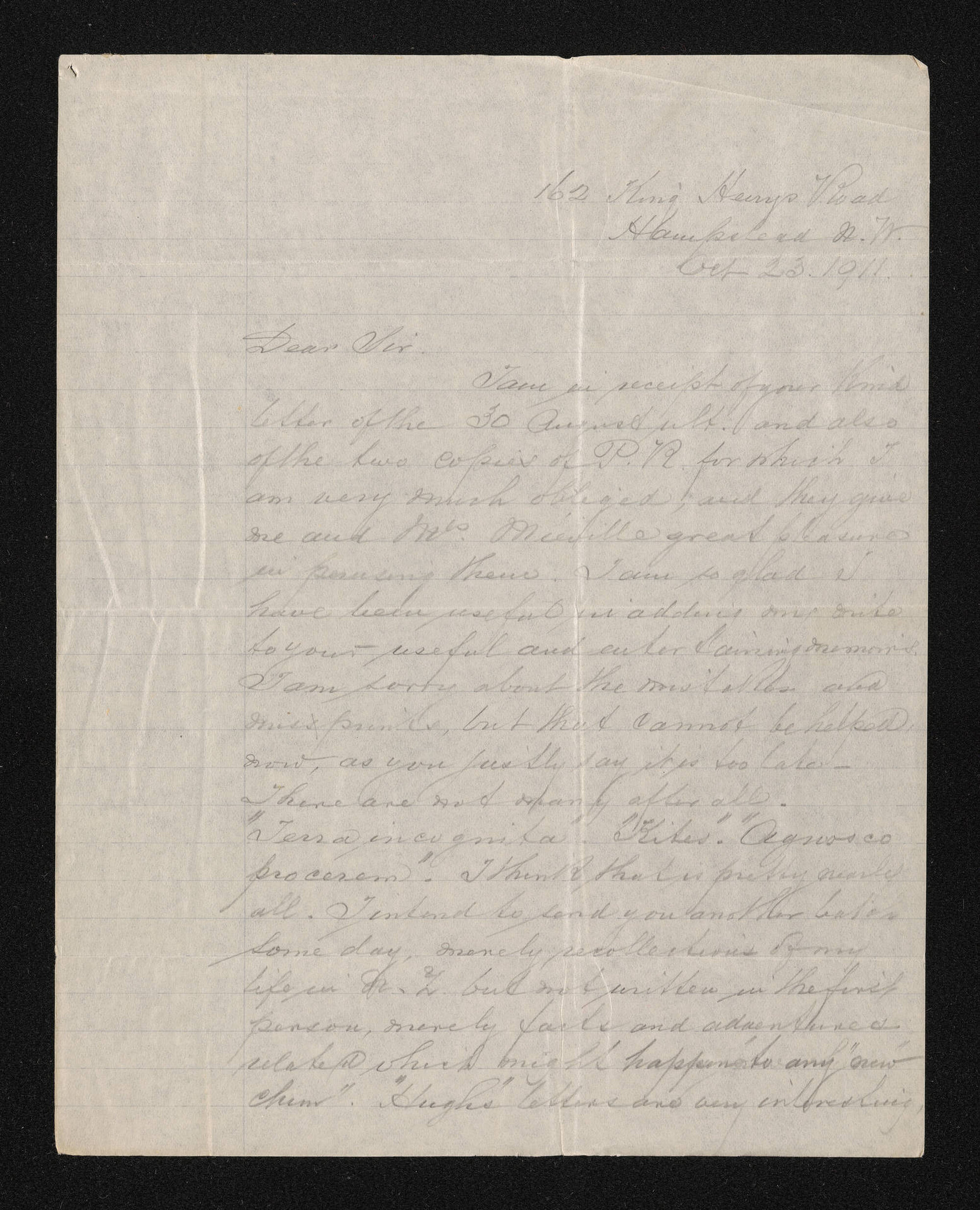 Letter, 23 October 1911, from Fred L. Mieville, to Herries Beattie