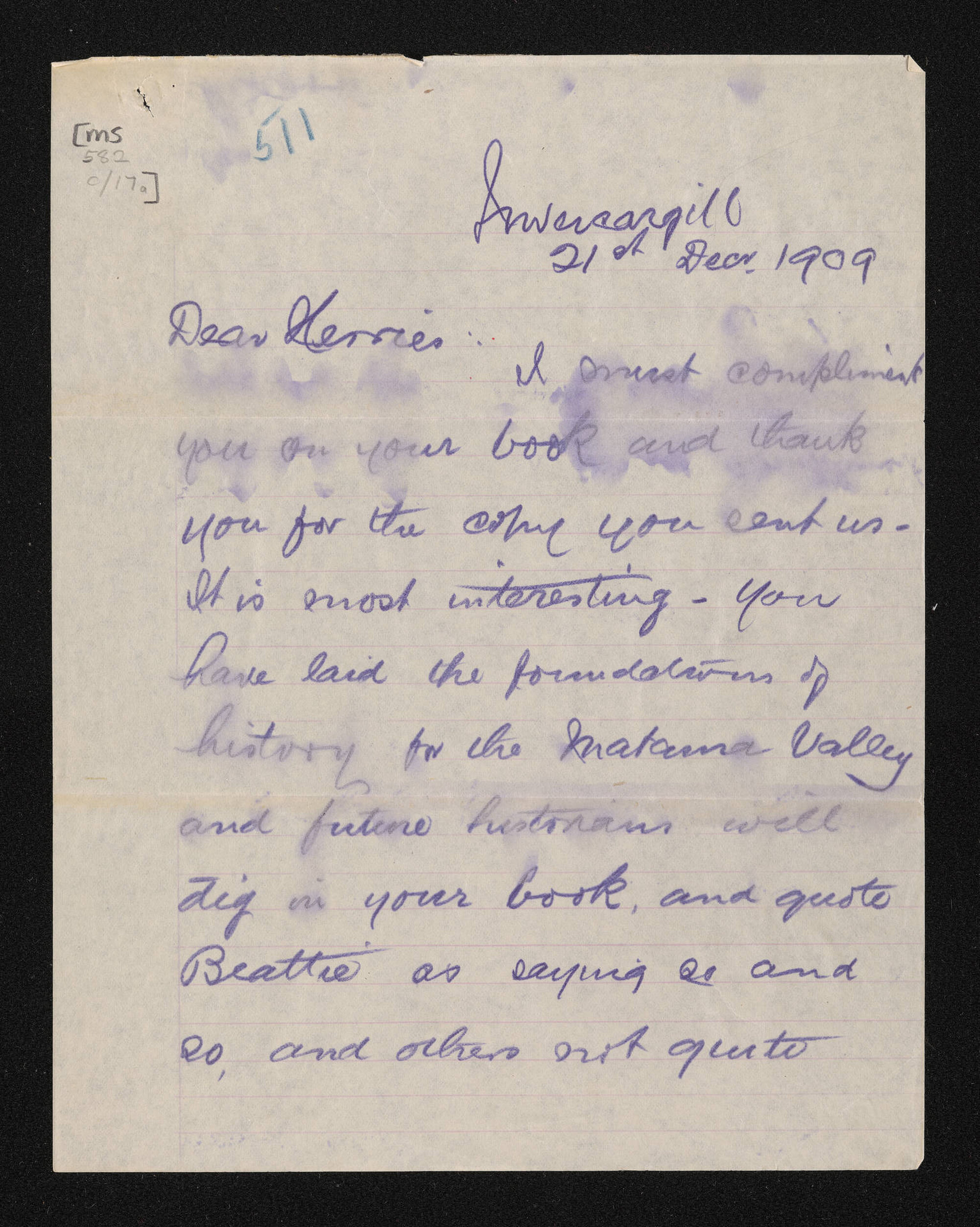 Letter, 21 December 1909, from John Thomson, to Herries Beattie