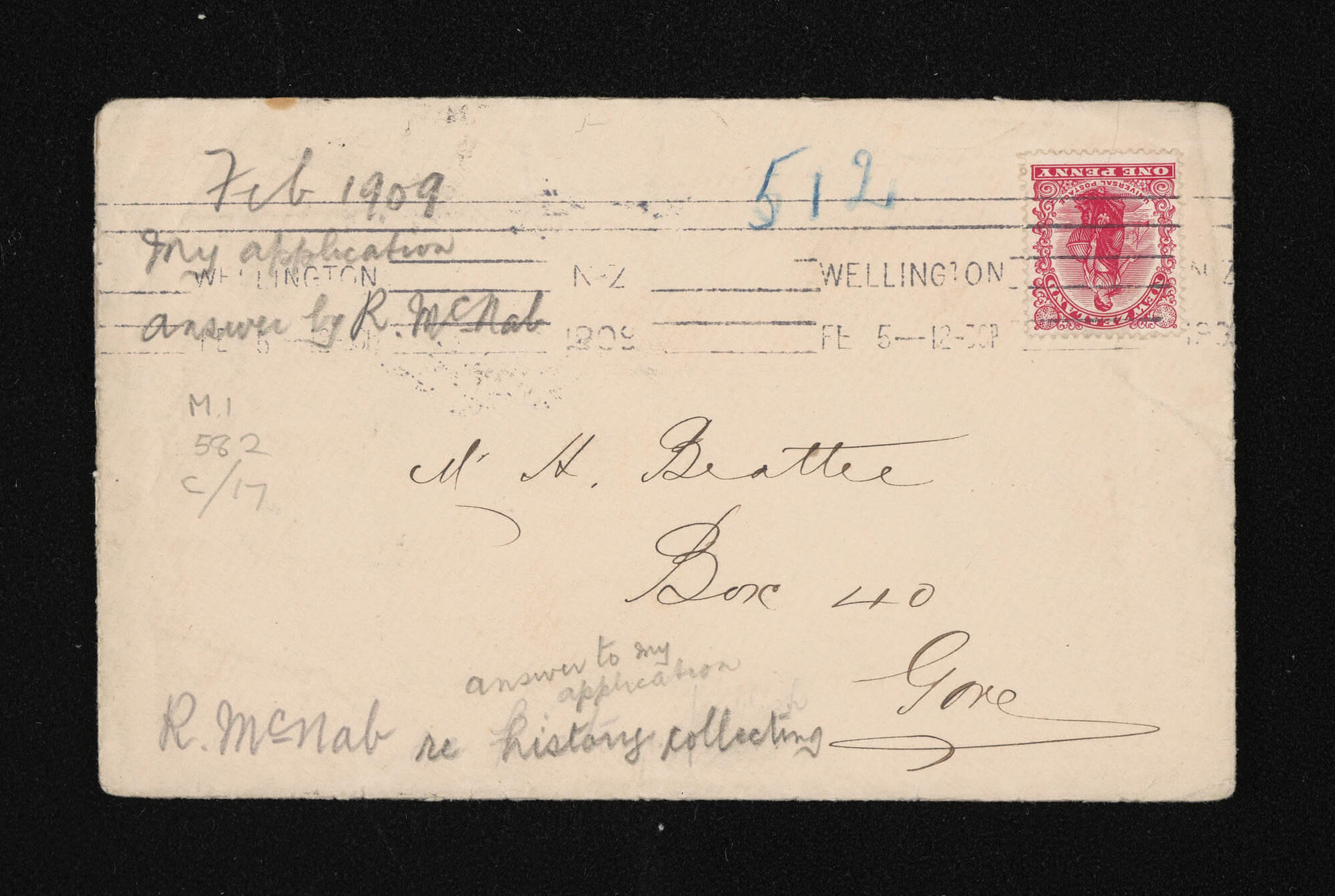 Annotated envelope fragment, 1909, Herries Beattie
