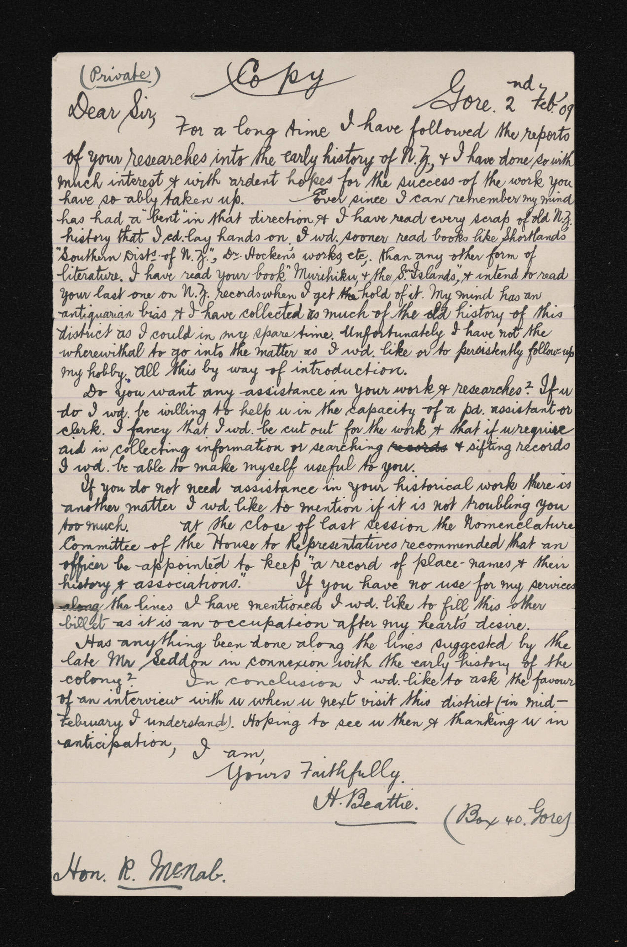 Letter [copy], 2 February 1909, from Herries Beattie, to Robert McNab