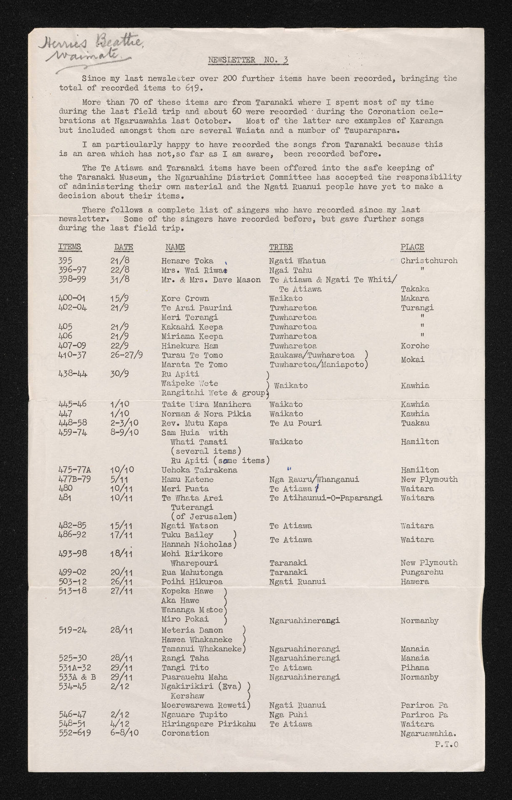 Newsletter No.3, n.d., from Mervyn McLean, to Herries Beattie