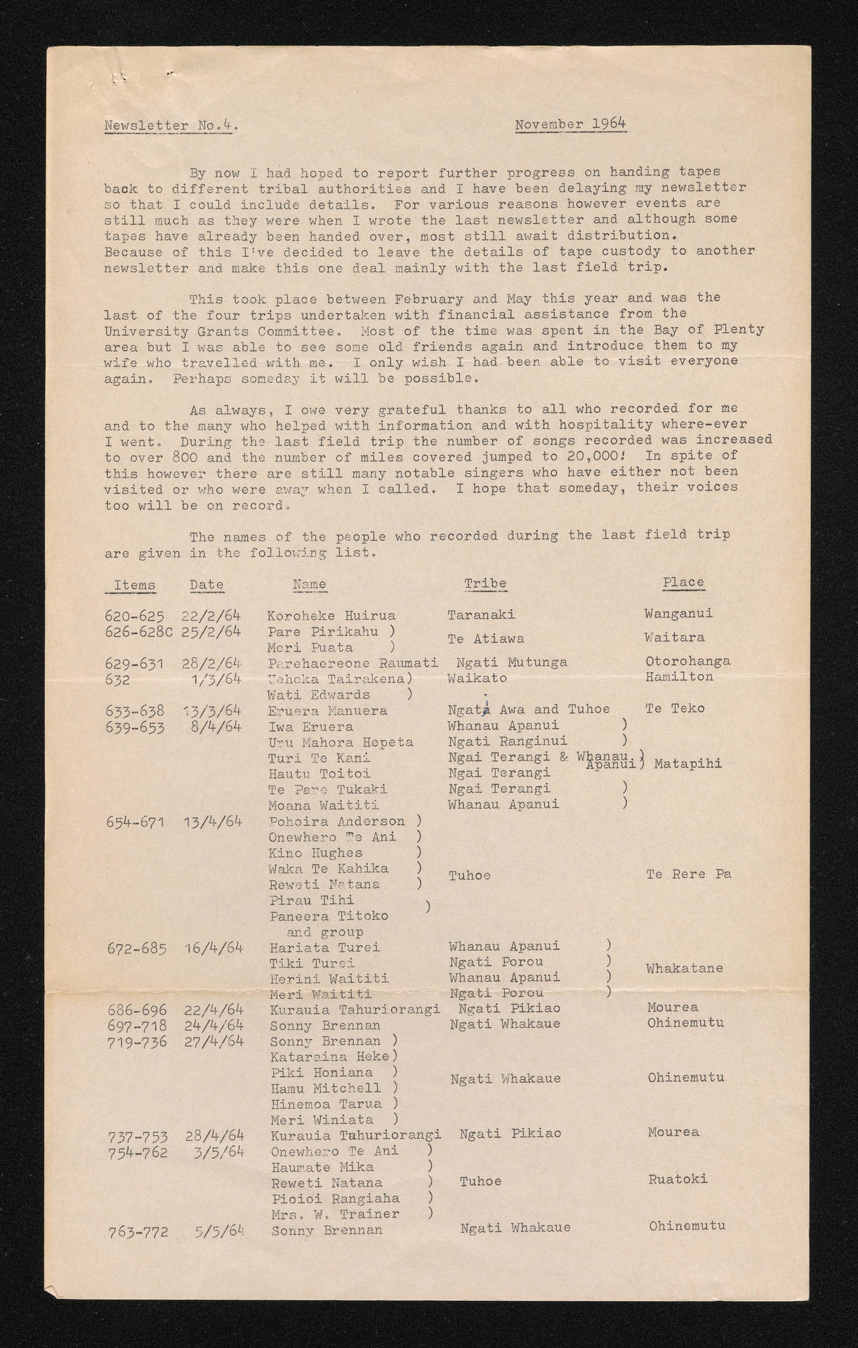 Newsletter No.4, November 1964, from Mervyn McLean, to Herries Beattie