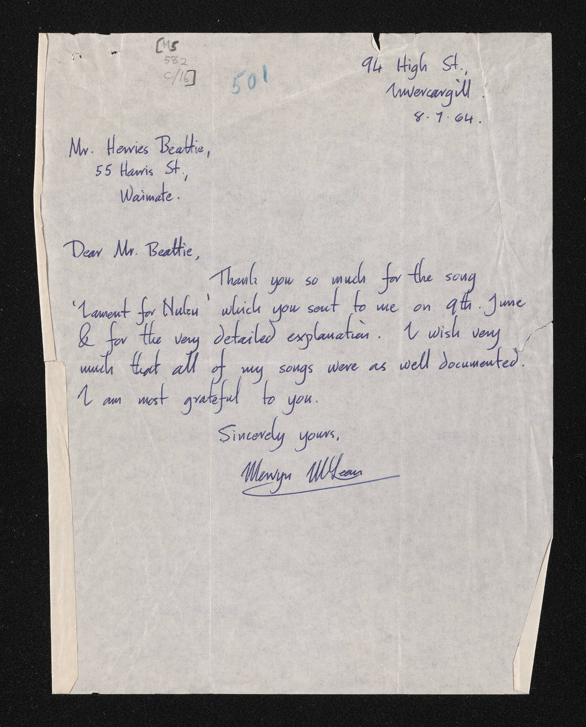 Letter, 8 July 1964, from Mervyn McLean, to Herries Beattie