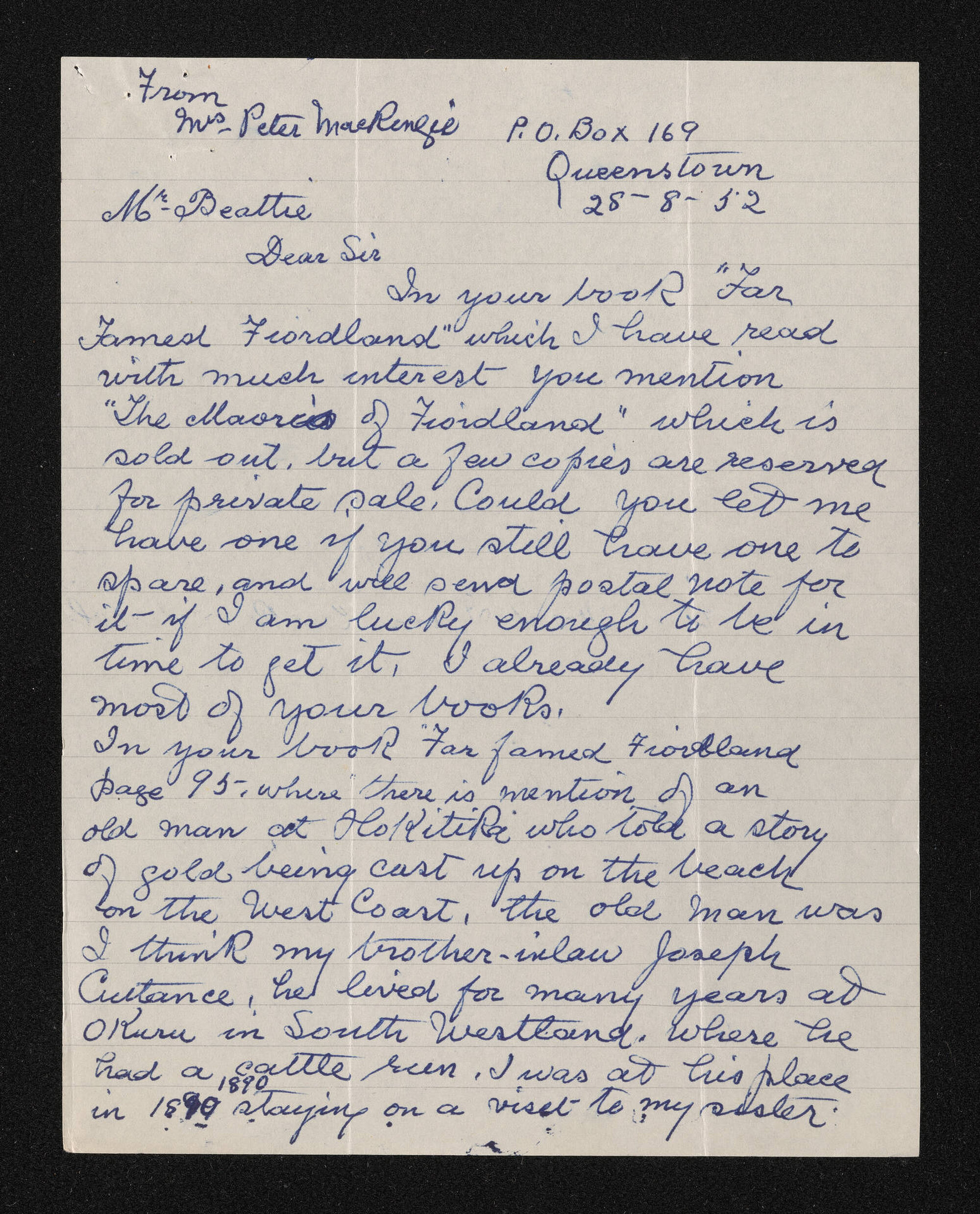 Letter, 28 August 1952, from Alice Mackenzie, to Herries Beattie