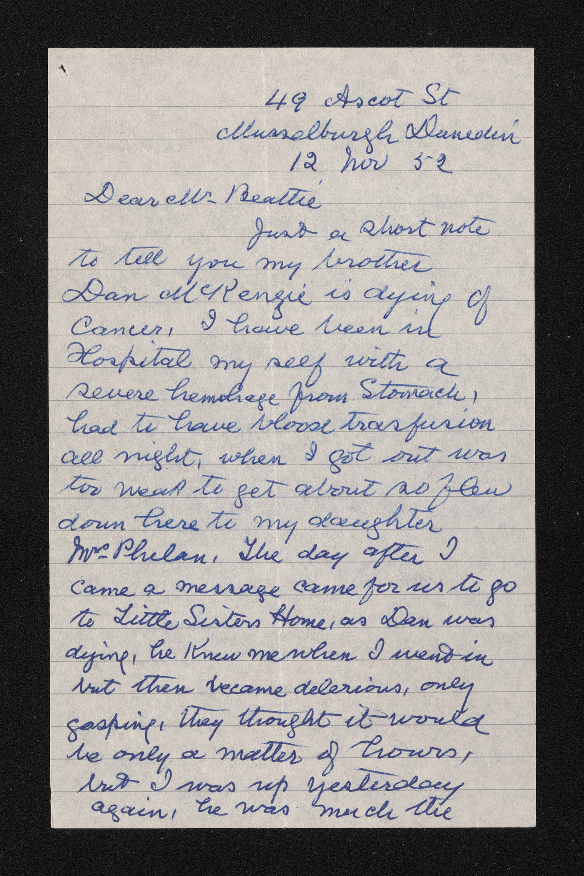 Letter, 12 November 1952, from Alice Mackenzie, to Herries Beattie