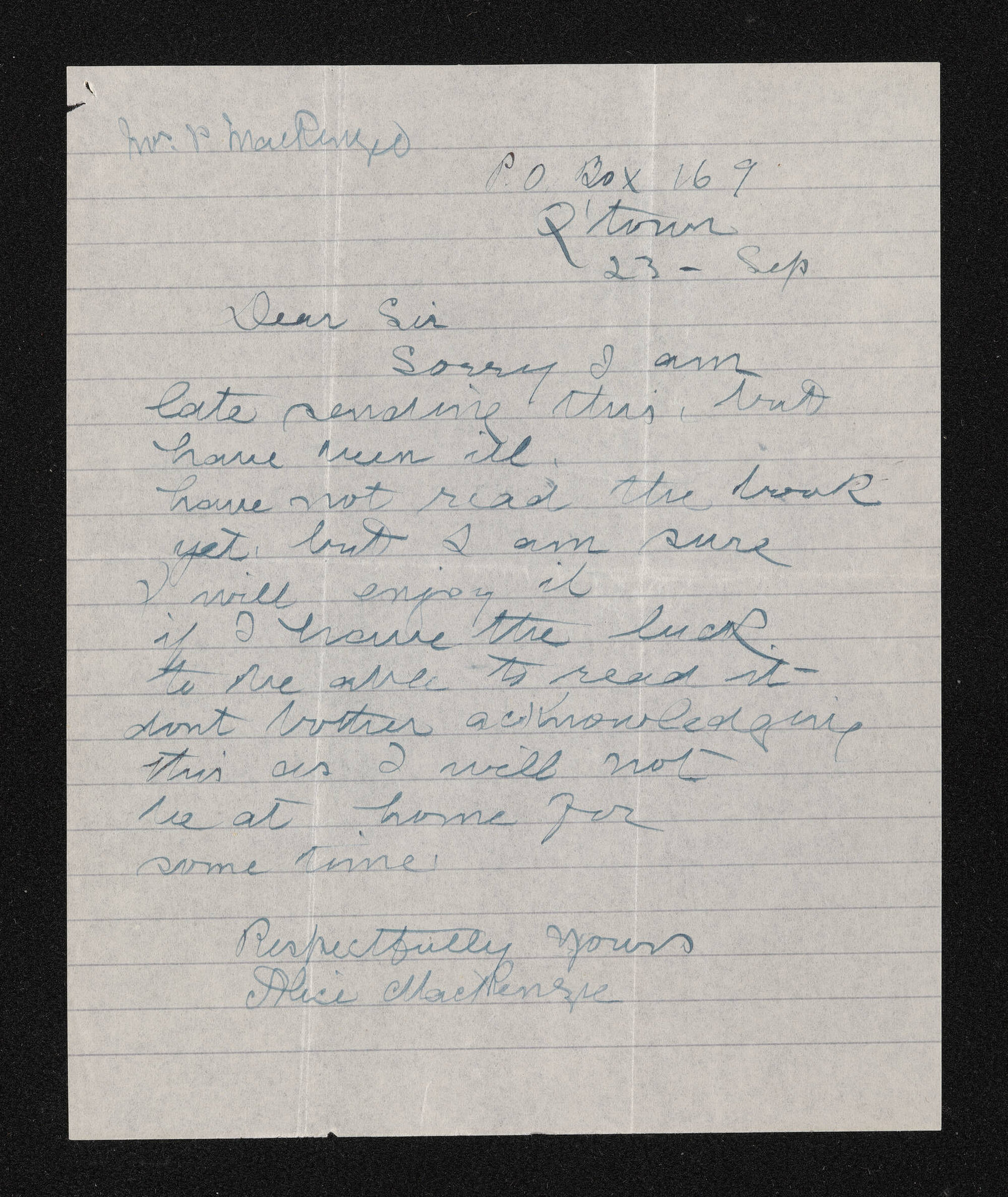 Letter, 23 September, from Alice Mackenzie, to Herries Beattie