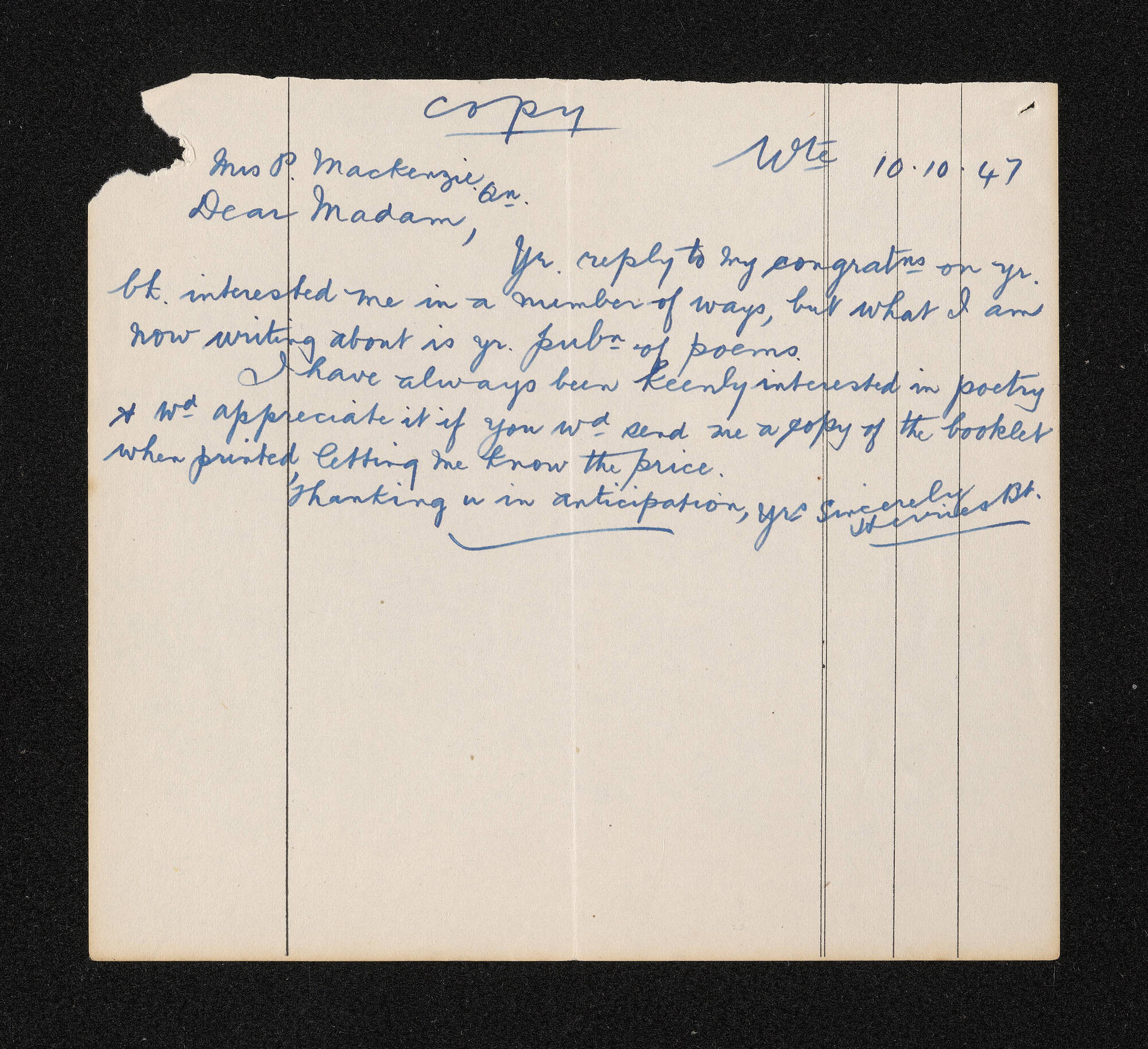 Letter [copy], 10 October 1947, from Herries Beattie, to Mrs P. [Alice] Mackenzie