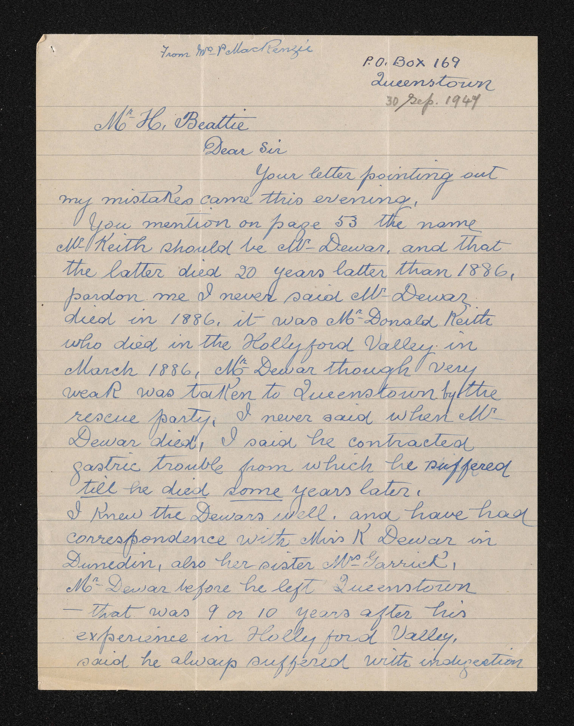 Letter, 30 September 1947, from Alice Mackenzie, to Herries Beattie