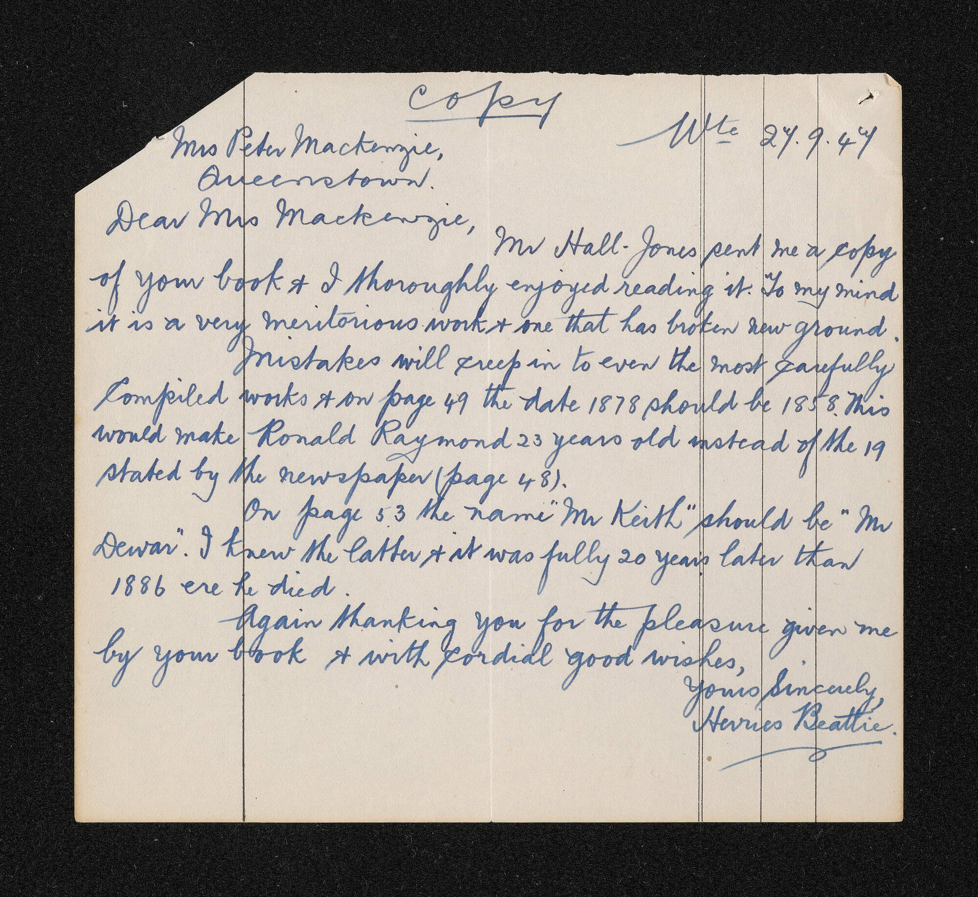 Letter [copy], 27 September 1947, from Herries Beattie, to Mrs Peter [Alice] Mackenzie