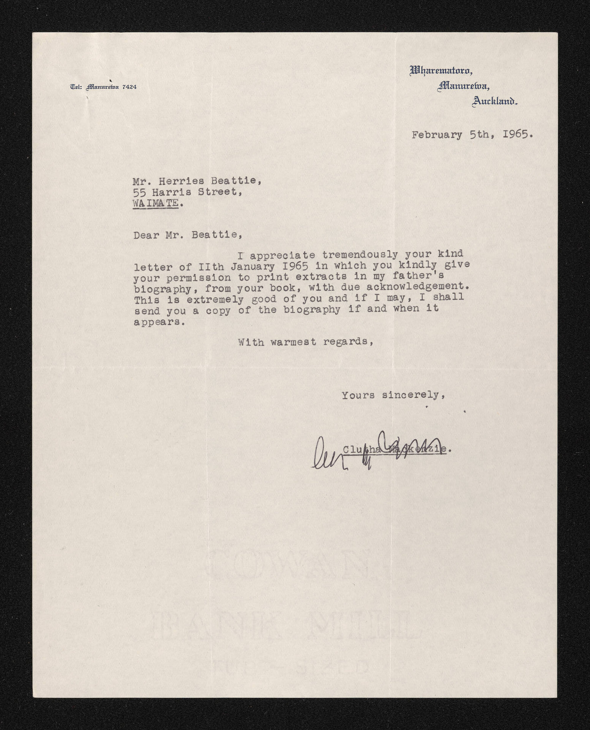 Letter, 5 February 1965, from Clutha Mackenzie, to Herries Beattie