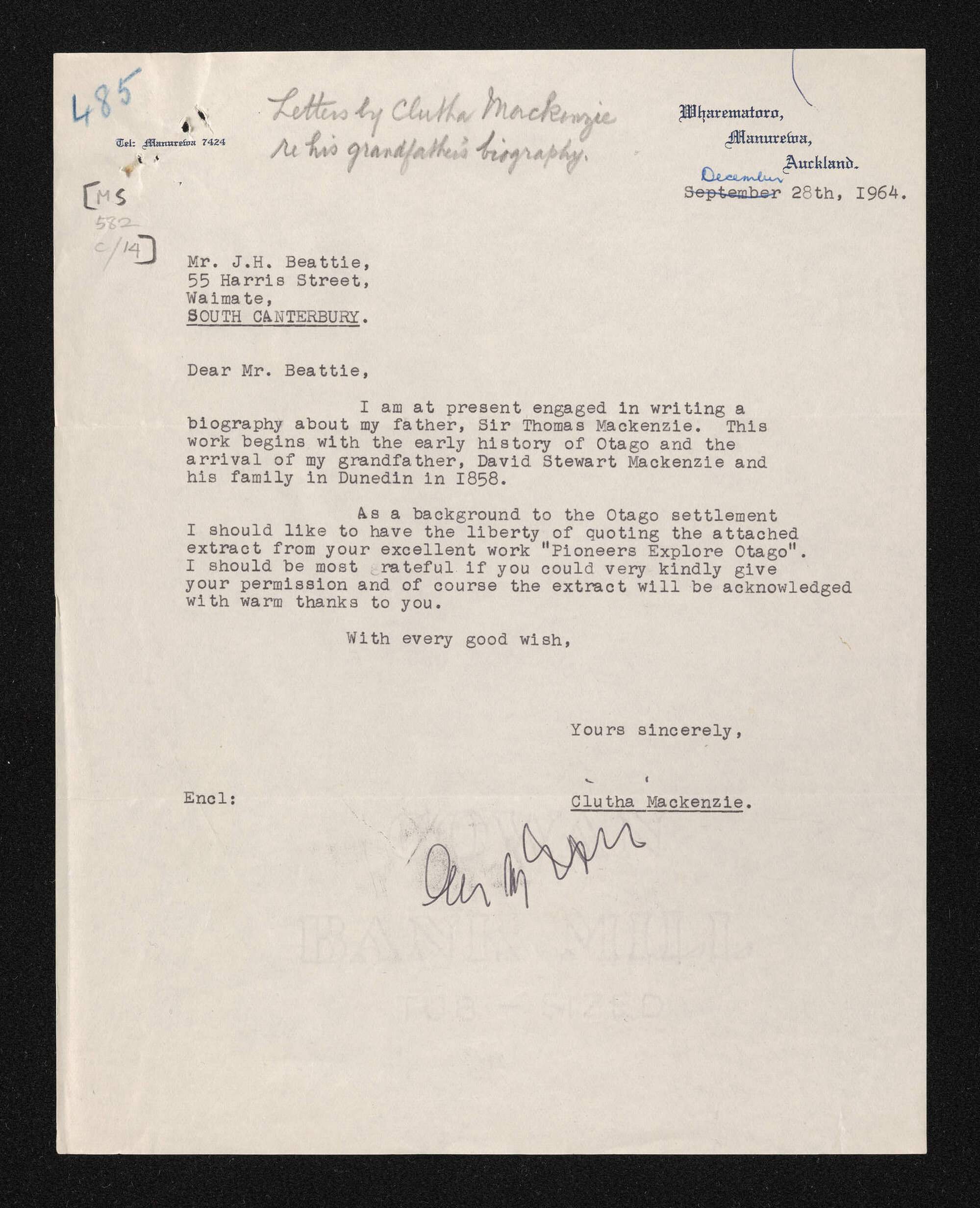 Letter, 28 December 1964, from Clutha Mackenzie, to Herries Beattie