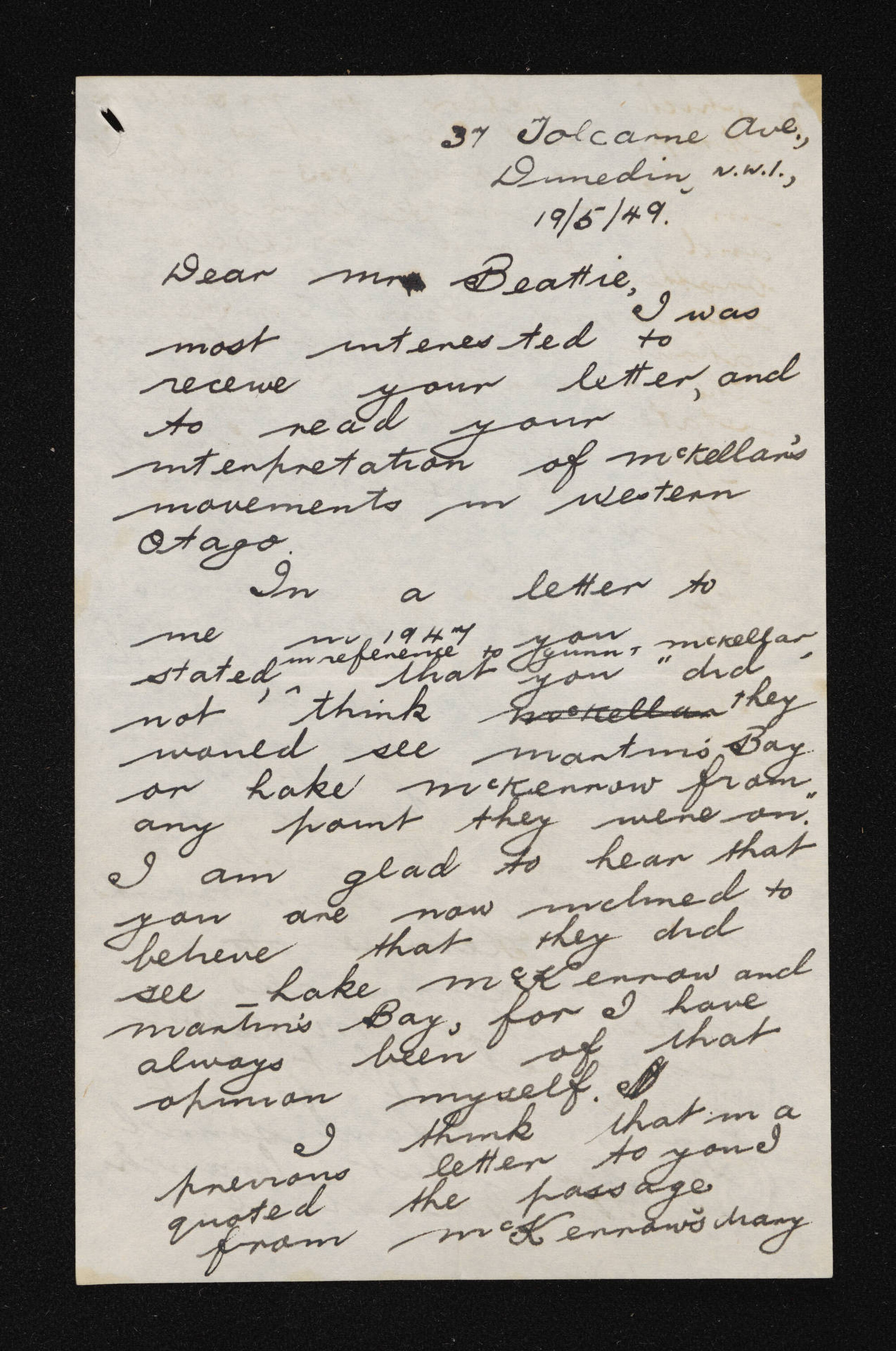 Letter, 19 May 1949, from D.G. Herron, to Herries Beattie [and copy of reply]