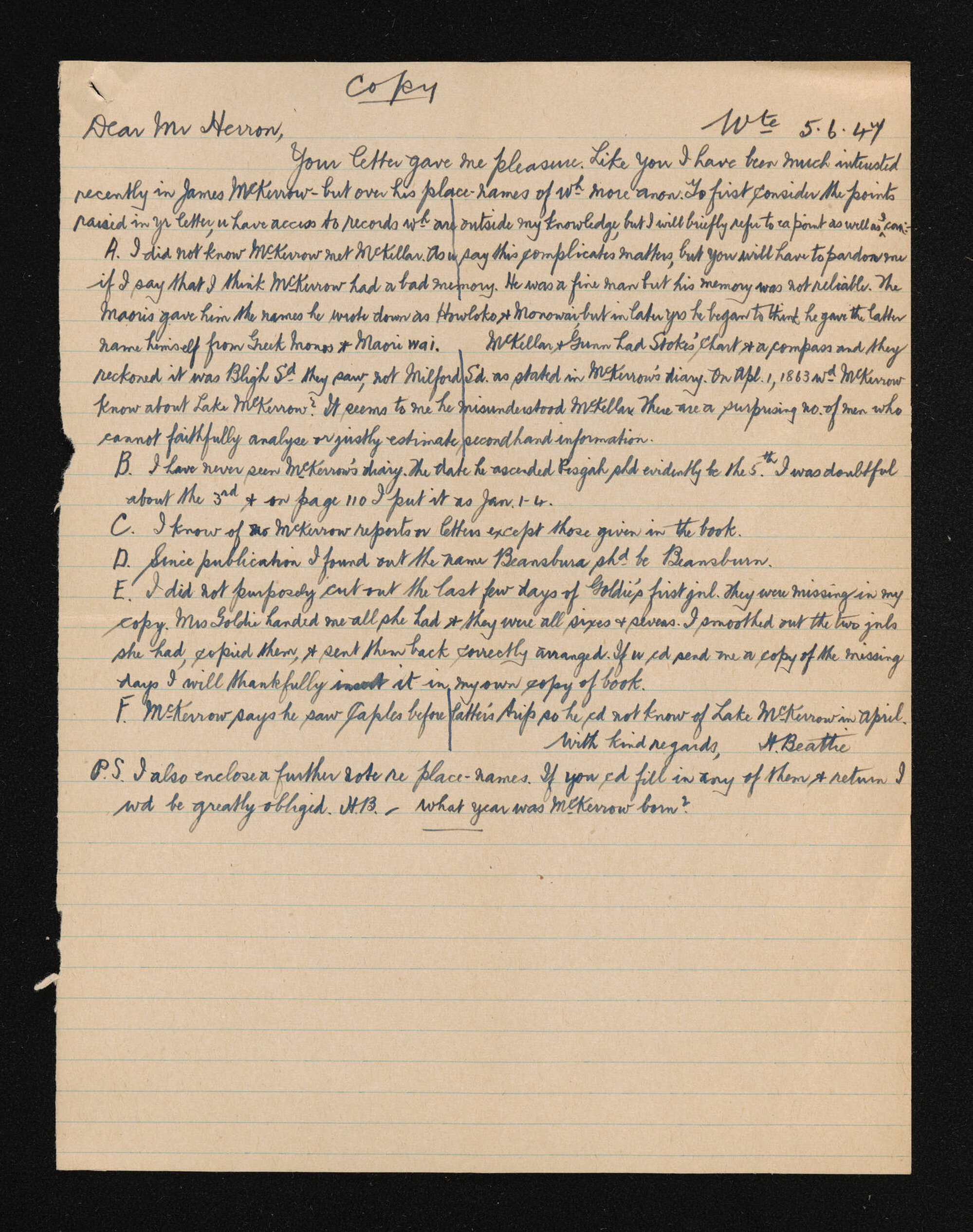 Letter [copy], 5 June 1947, from Herries Beattie, to D.G. Herron