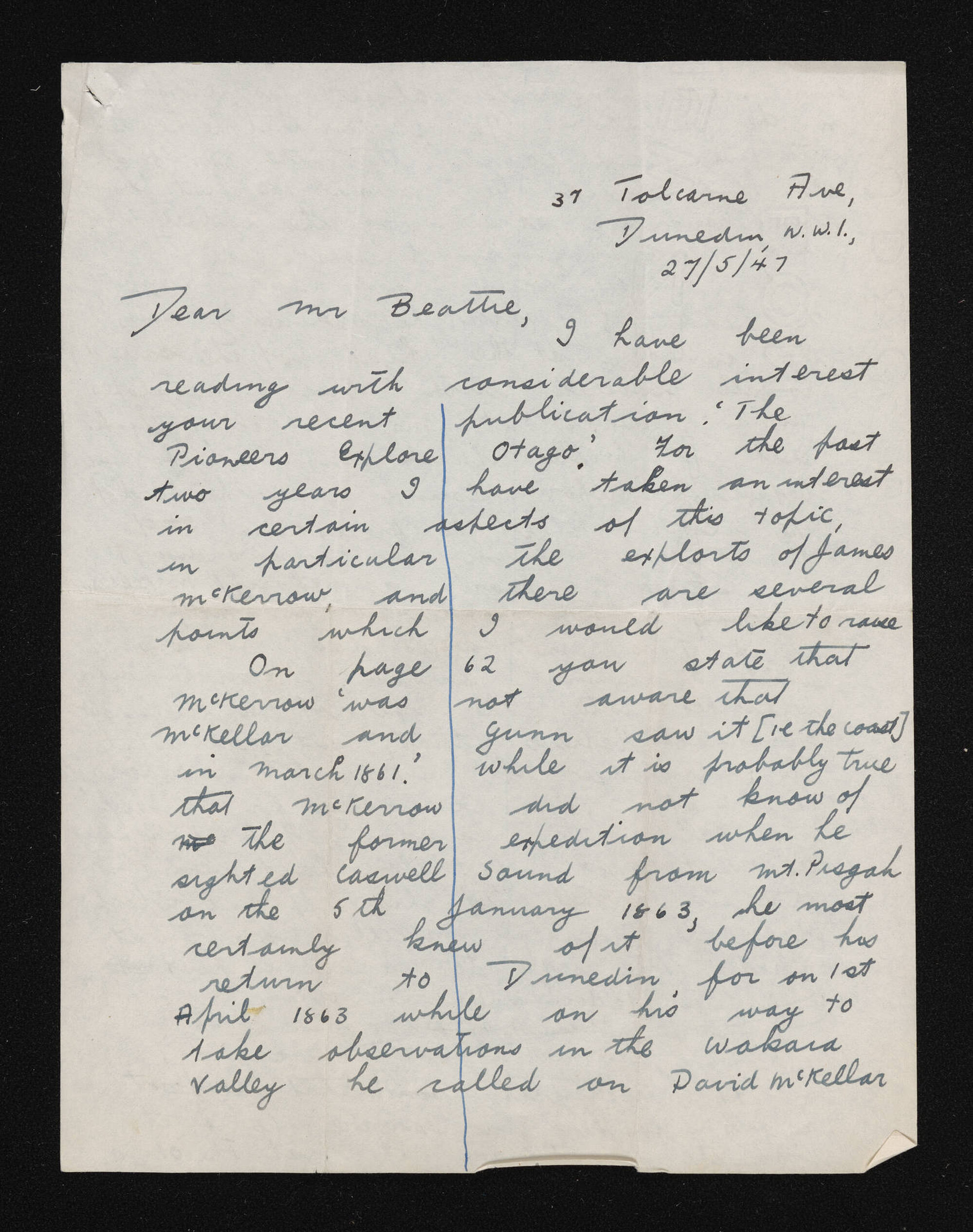 Letter, 27 May 1947, from D.G. Herron, to Herries Beattie