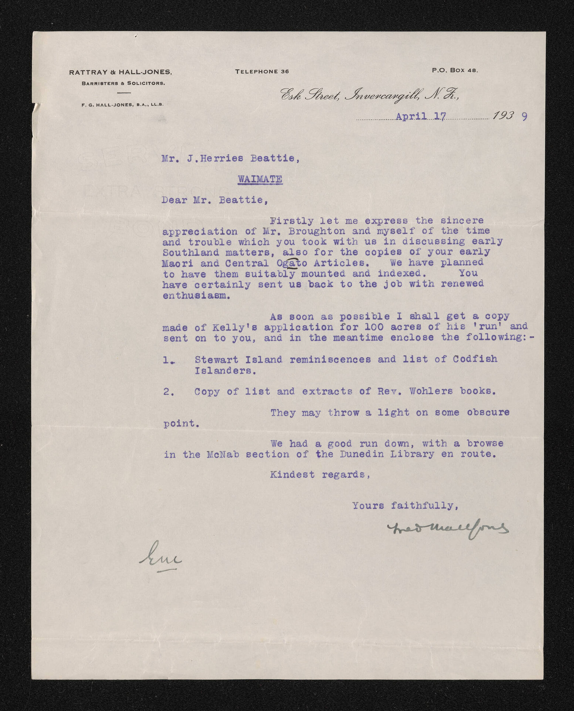 Letter, 17 April 1939, from Fred Hall-Jones, to Herries Beattie