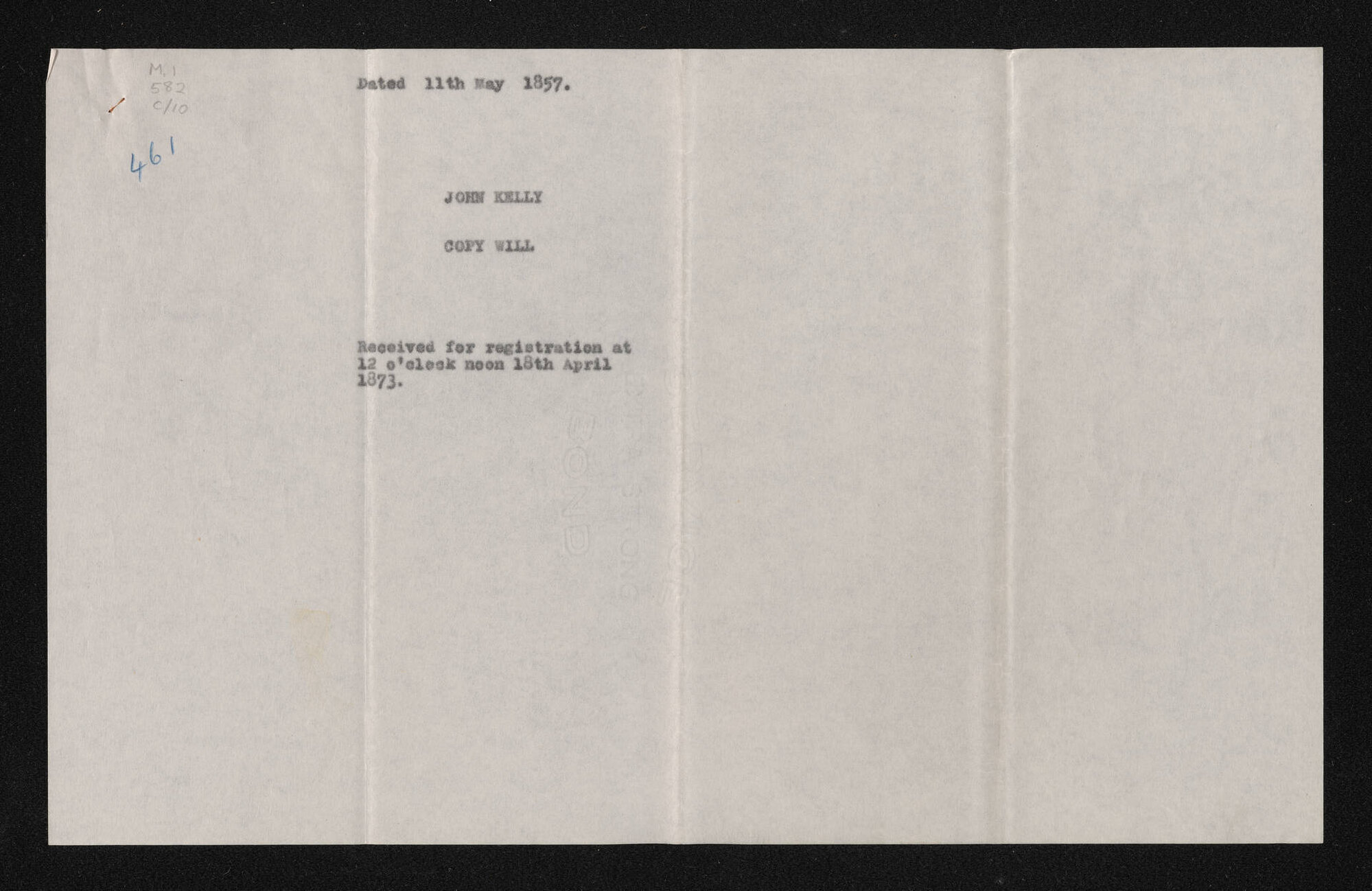 Typescript copy of the will of John Kelly of Invercargill