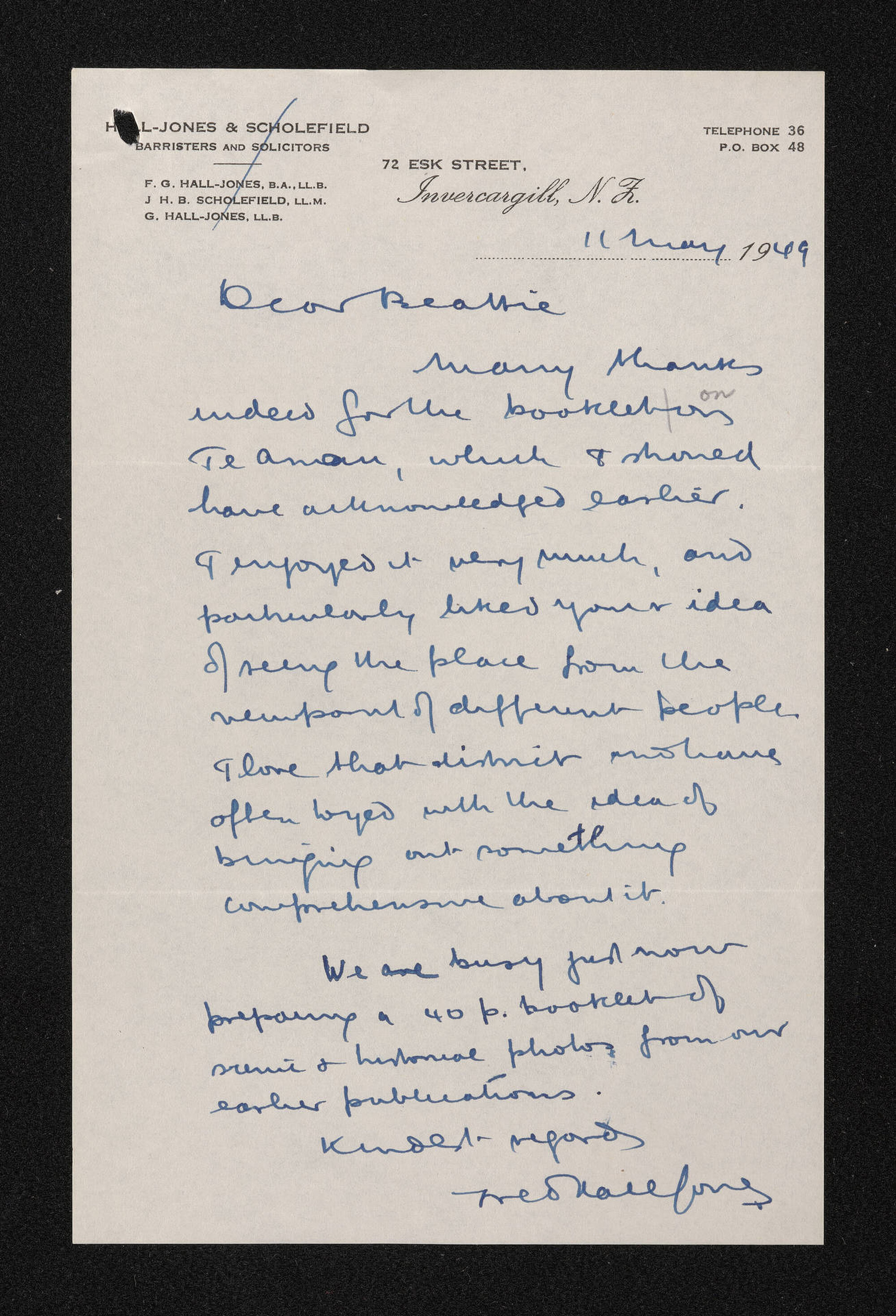 Letter, 11 May 1949, from Fred Hall-Jones, to Herries Beattie