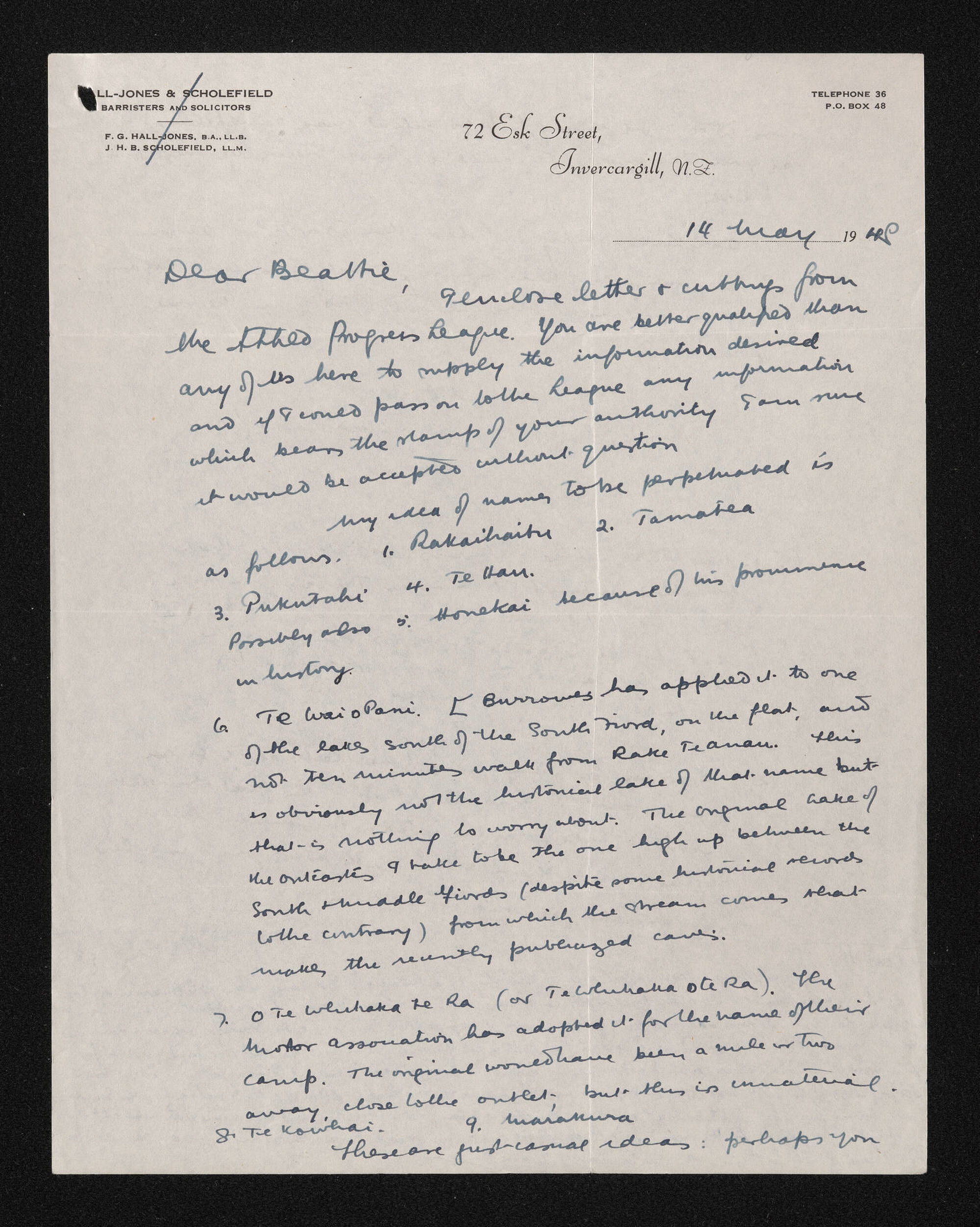 Letter, 14 May 1948, from Fred Hall-Jones, to Herries Beattie