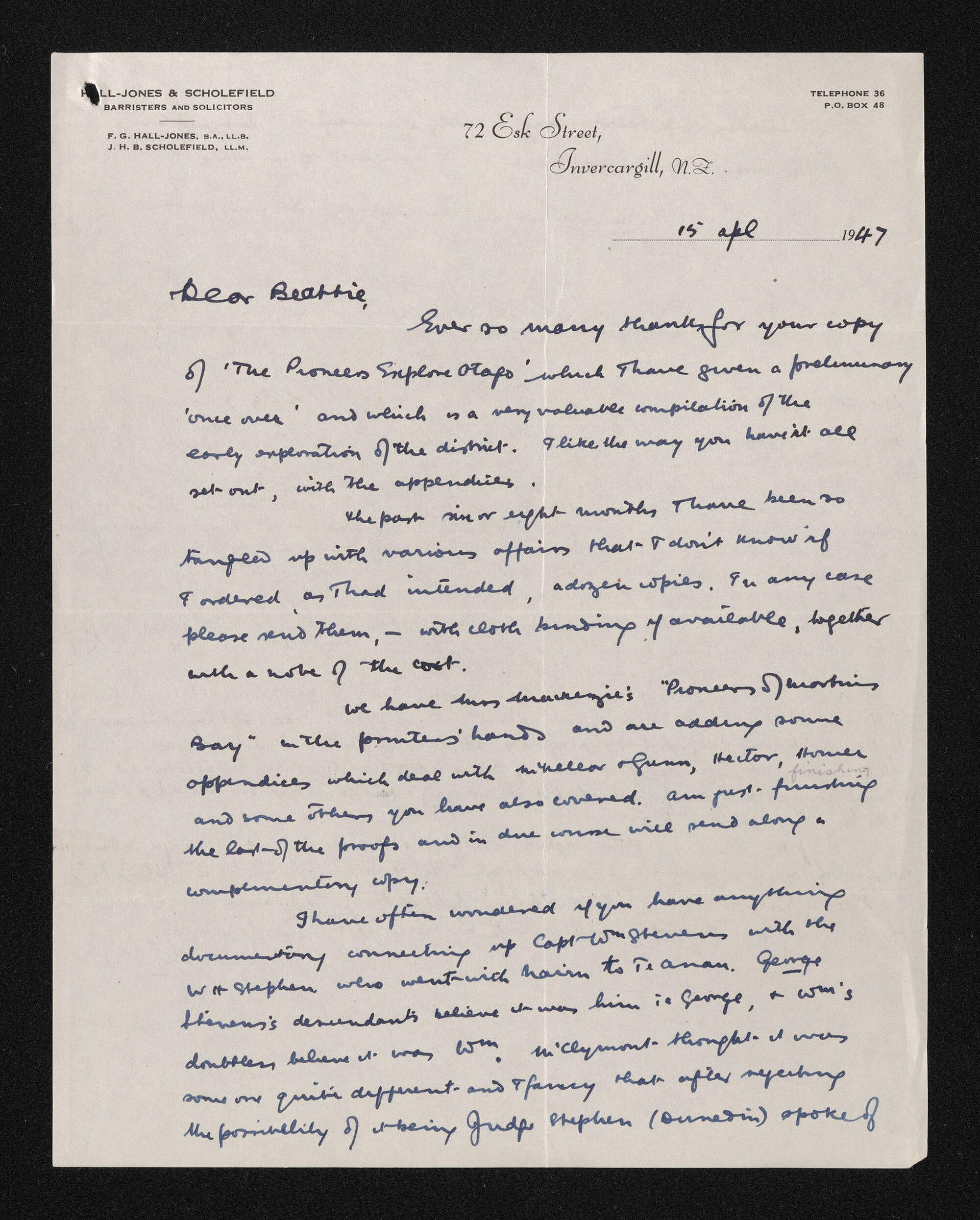 Letter, 15 April 1947, from Fred Hall-Jones, to Herries Beattie