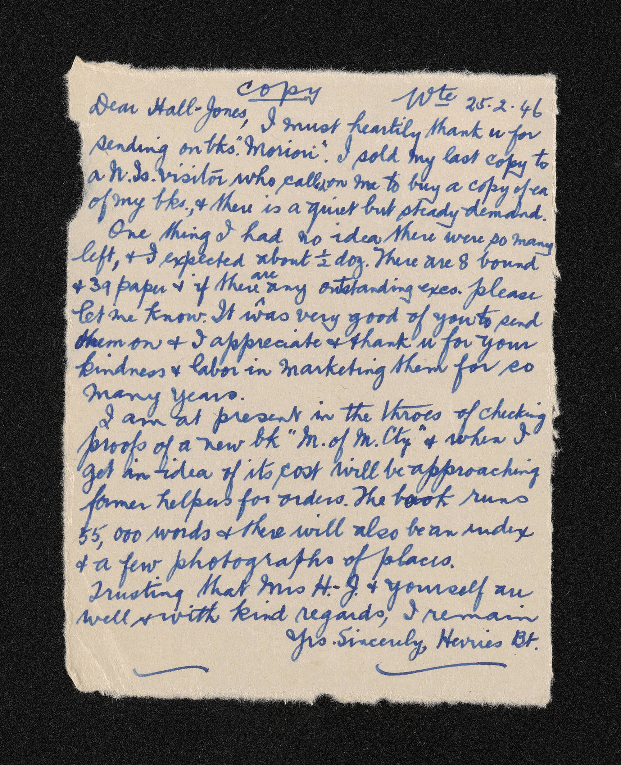 Letter [copy], 25 February 1946, from Herries Beattie, to F.G. Hall Jones