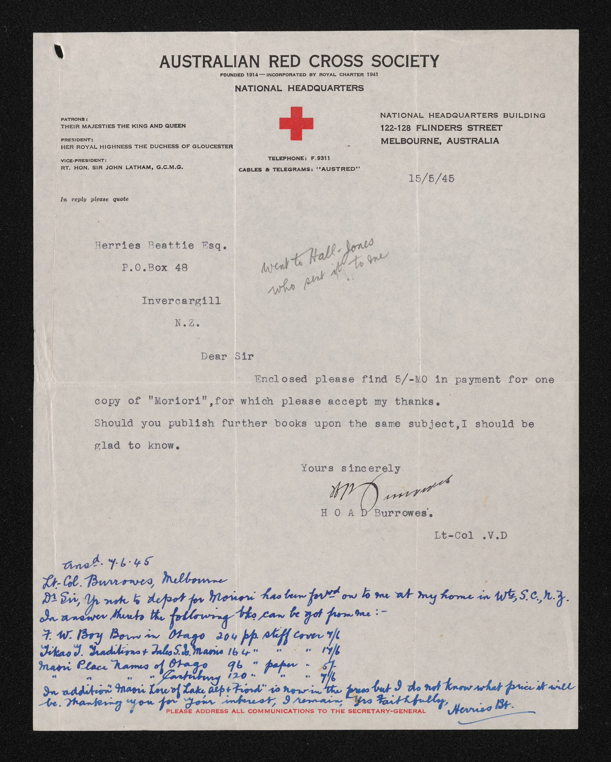Letter, 15 May 1945, from H.O.A.D. Burrowes, to Herries Beattie
