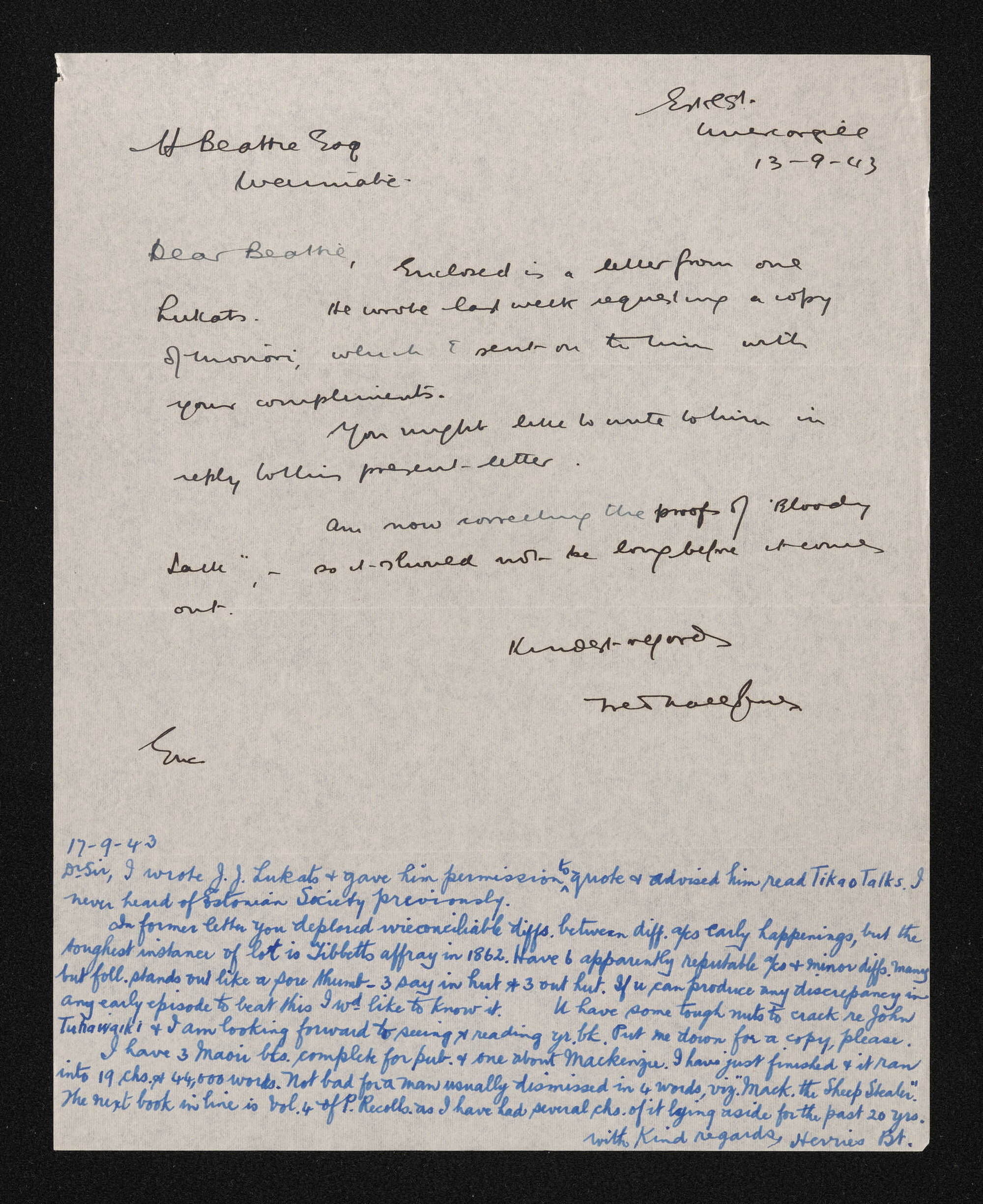 Letter, 13 September 1943, from Fred Hall-Jones, to Herries Beattie