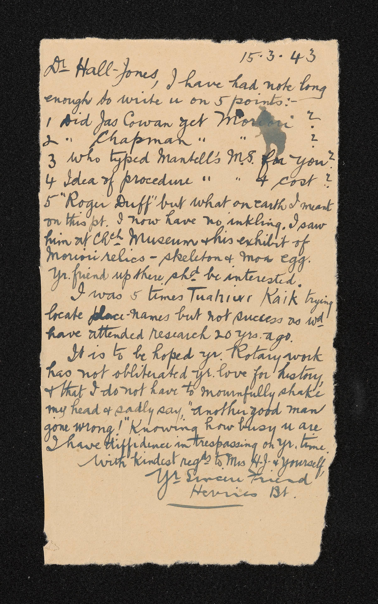 Letter, 15 March 1943, from Herries Beattie, to F.G. Hall Jones
